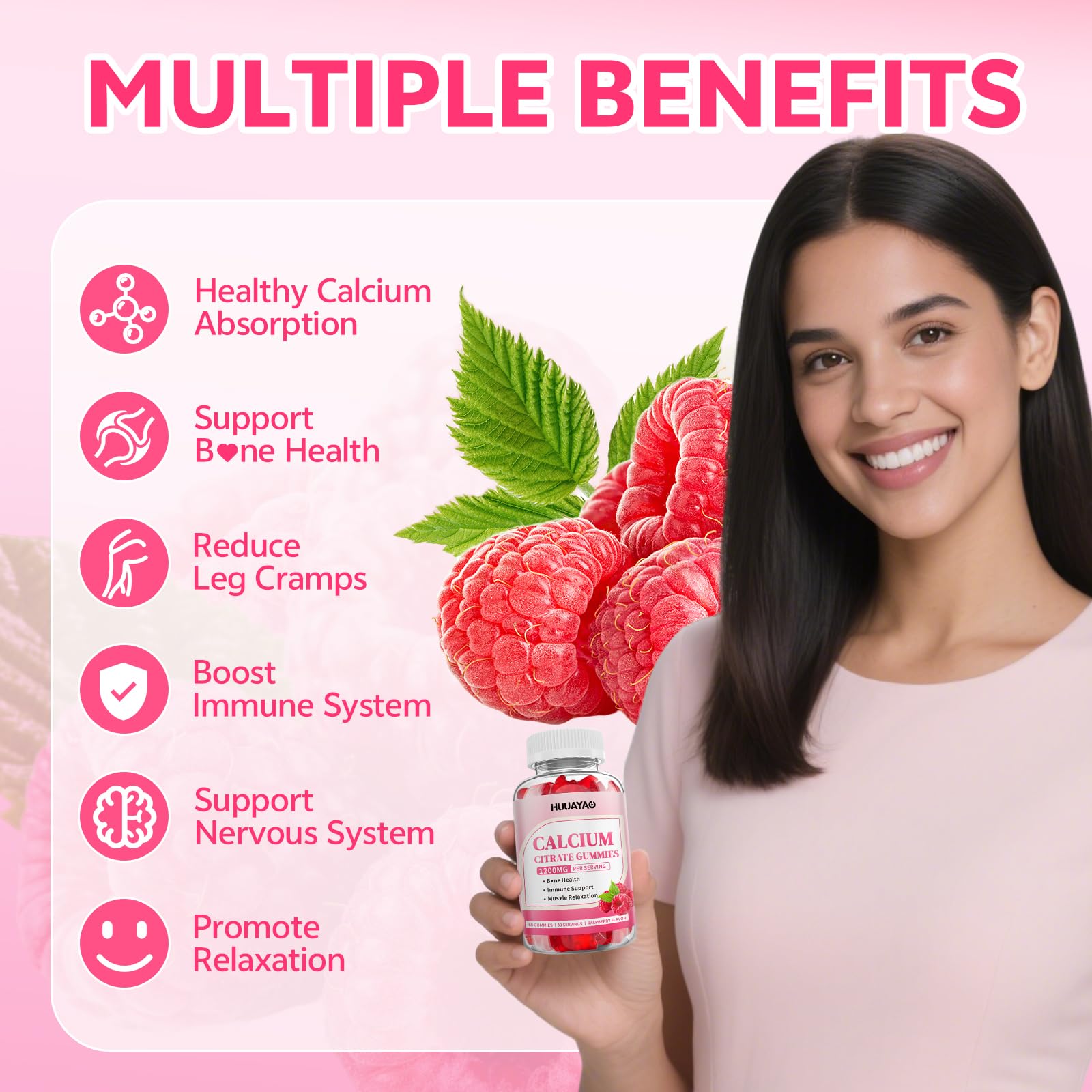 HUUAYAO Calcium Citrate Gummies 1200mg raspberry flavour