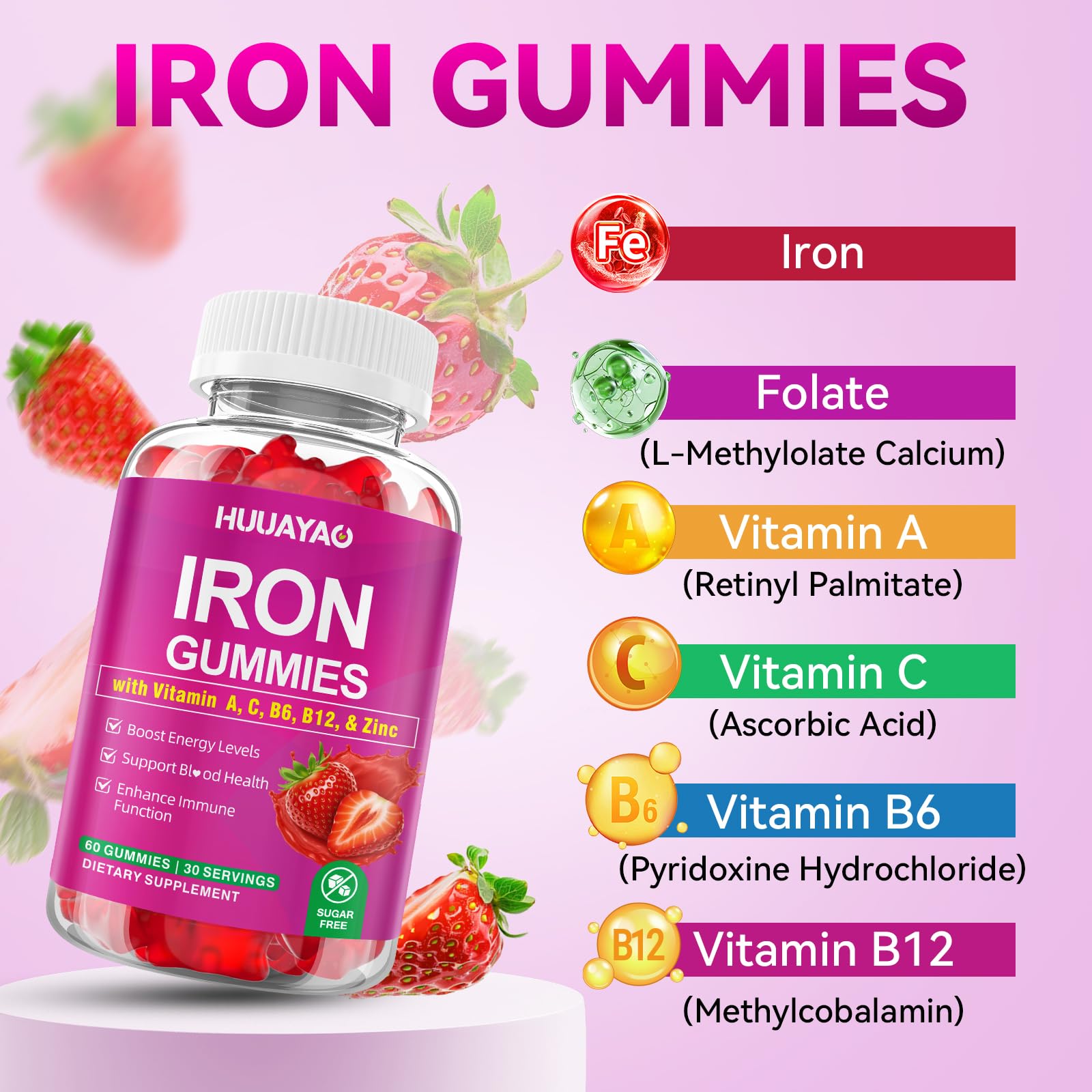 HUUAYAO Iron Gummies with natural strawberry flavour