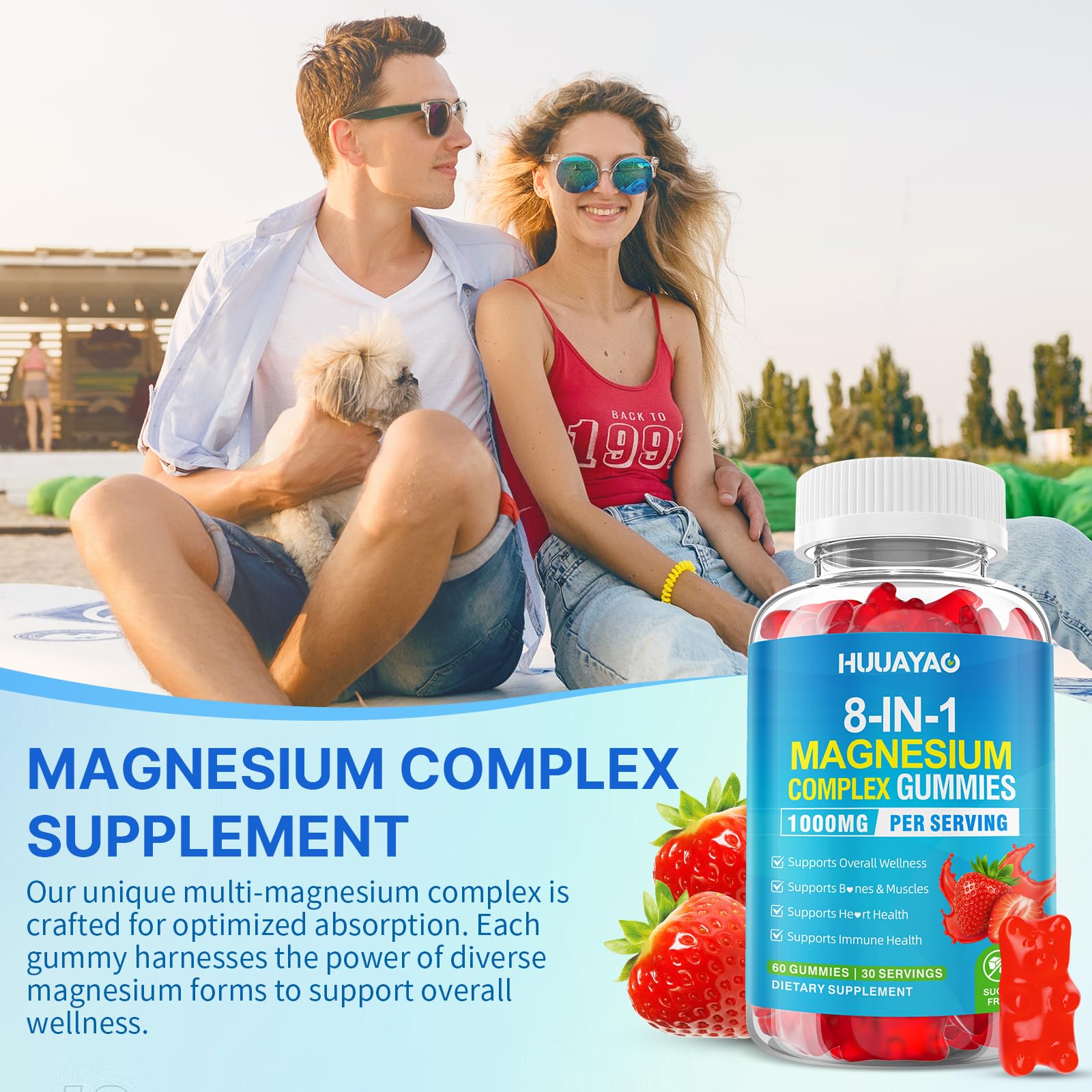 HUUAYAO Magnesium Complex Gummies open bottle with gummies visible
