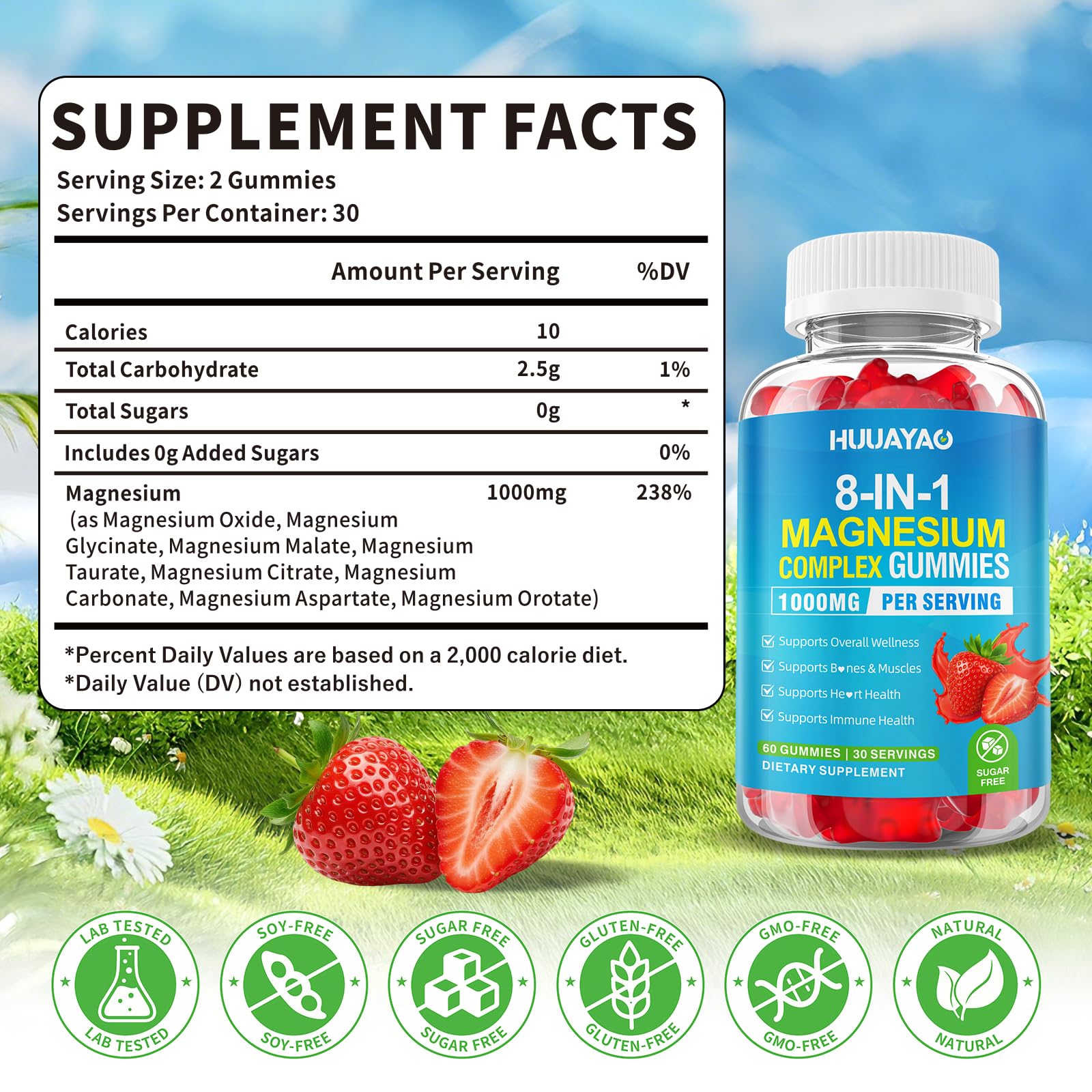 HUUAYAO Magnesium Complex Gummies showing the strawberry flavour