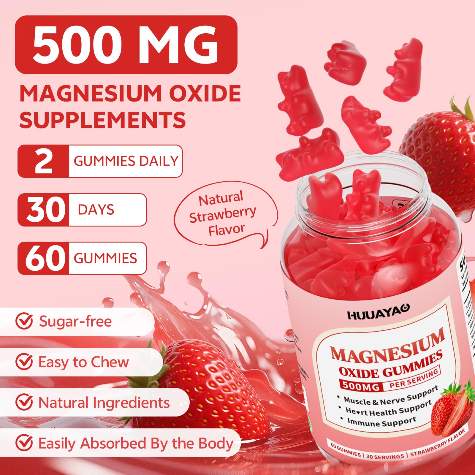 HUUAYAO Magnesium Oxide Gummies 500mg lifestyle scene with gummies on a table