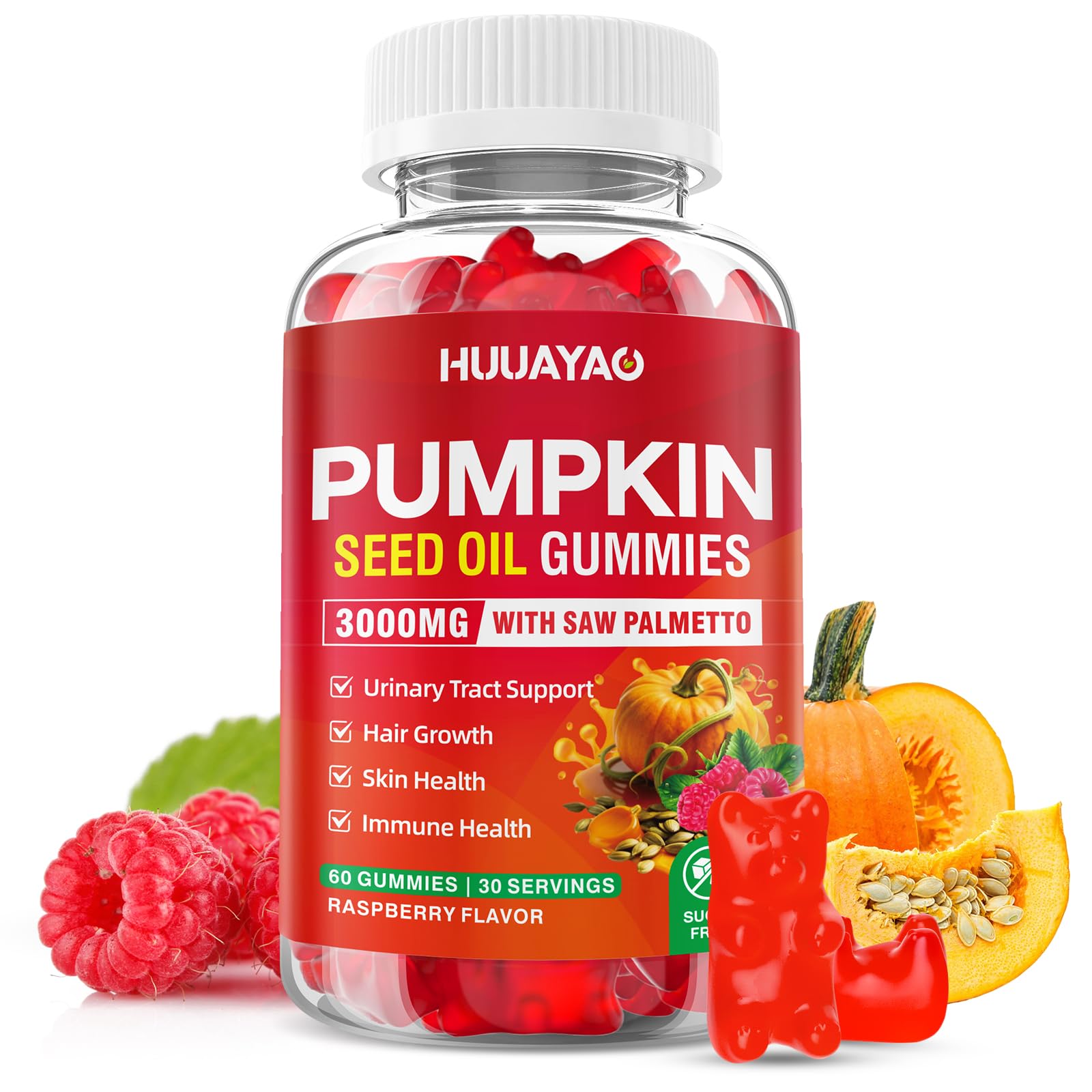 HUUAYAO Pumpkin Seed Oil Gummies front view with raspberry flavour
