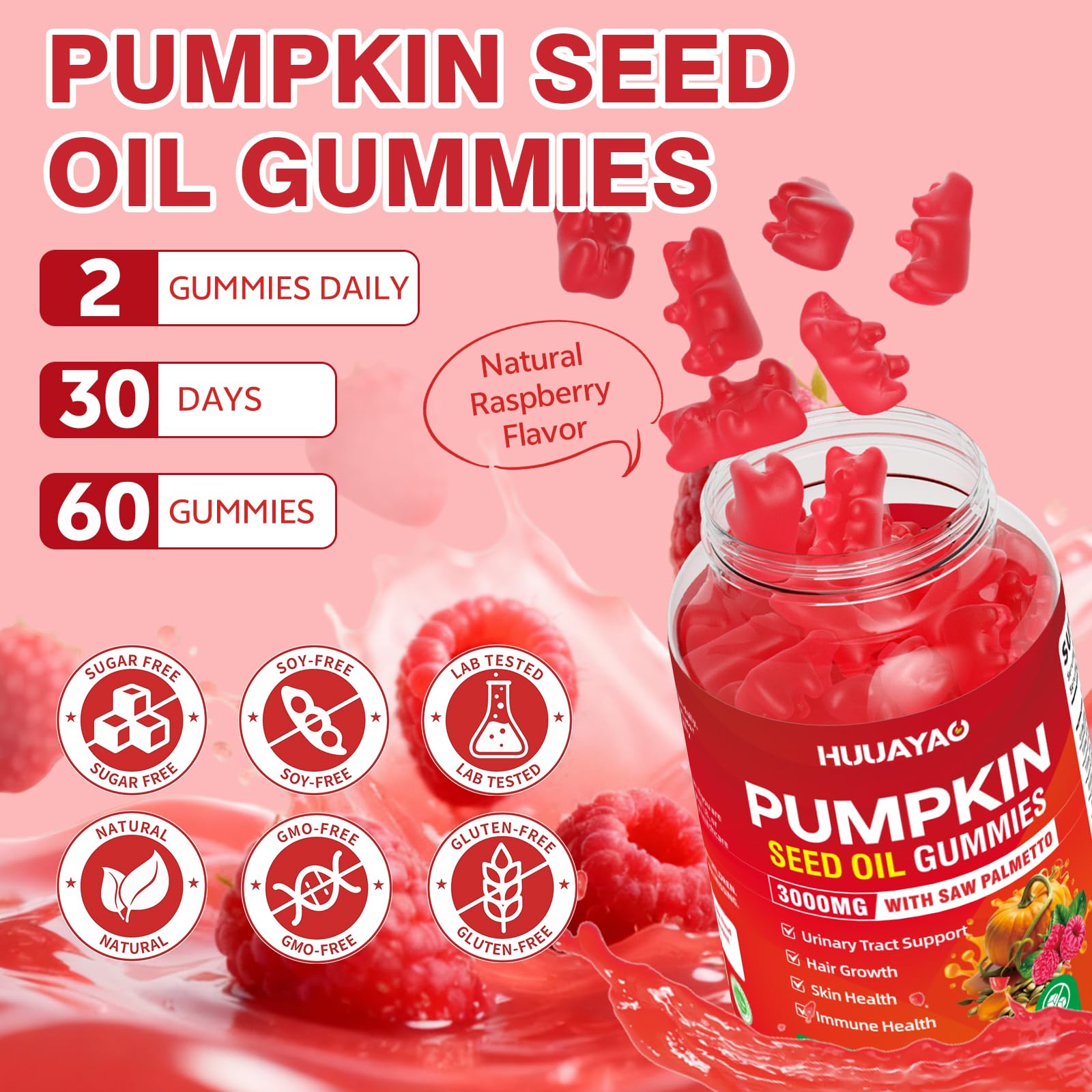HUUAYAO Pumpkin Seed Oil Gummies with a background of natural ingredients