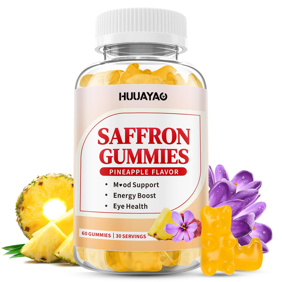 HUUAYAO Saffron Gummies 10-IN-1 front view packaging