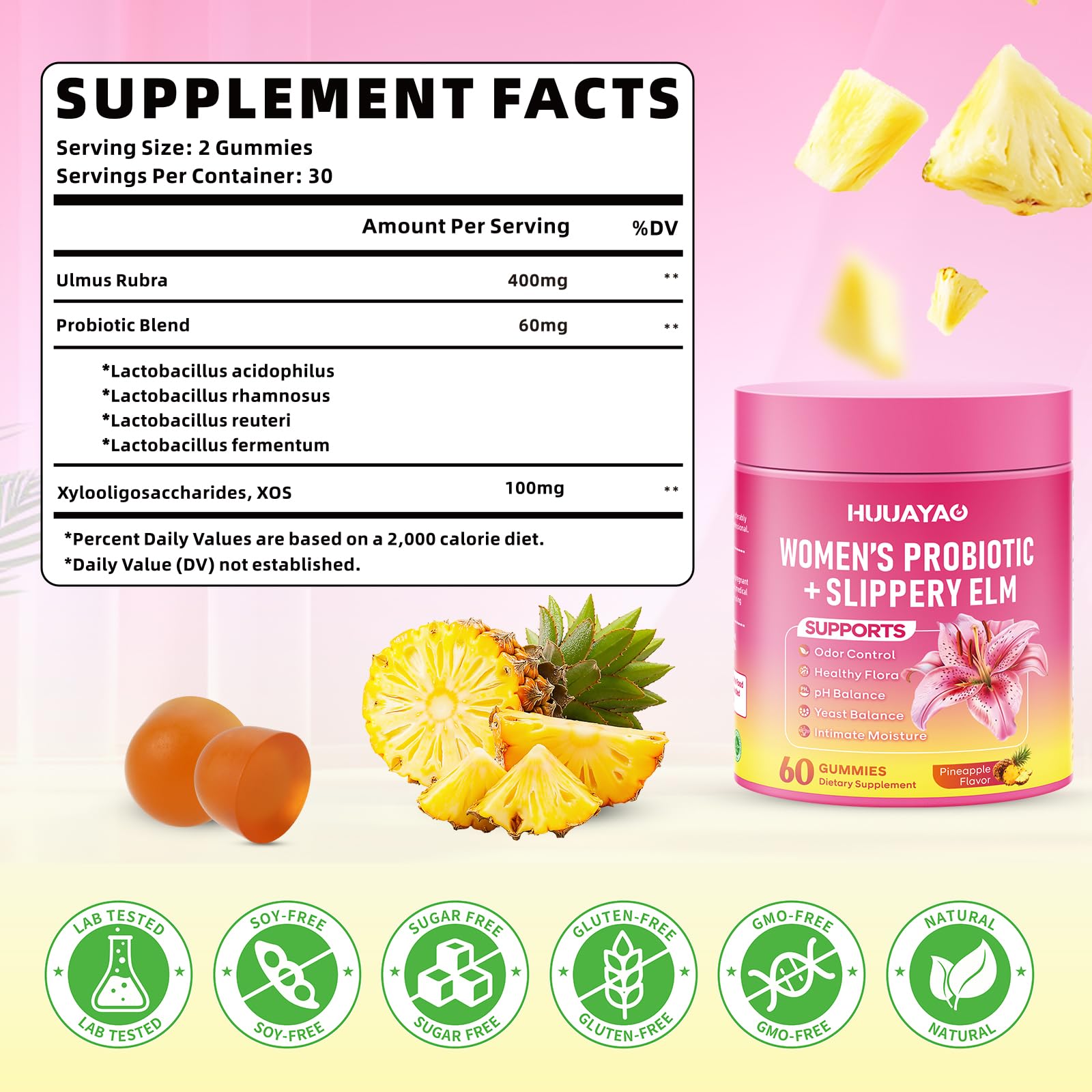 HUUAYAO Women Probiotics Slippery Elm Gummies packaging