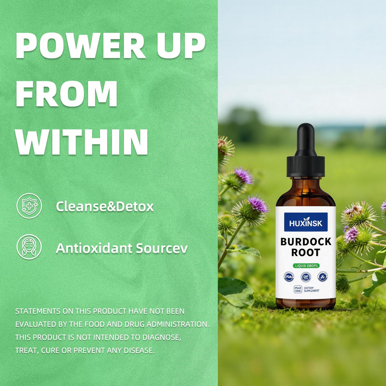 HUXINSK Burdock Root Liquid Extract 60ml with herbal background