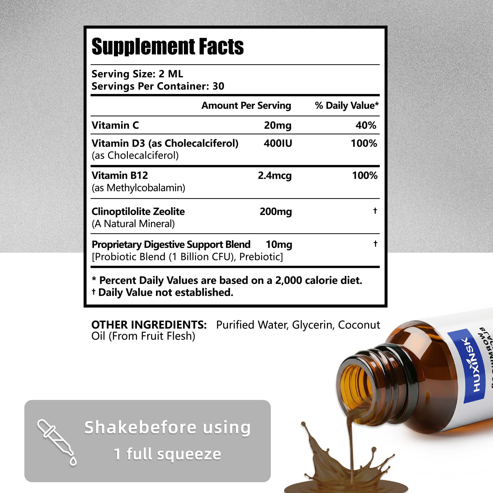 HUXINSK Liquid Zeolite Drops 150g bottle side view