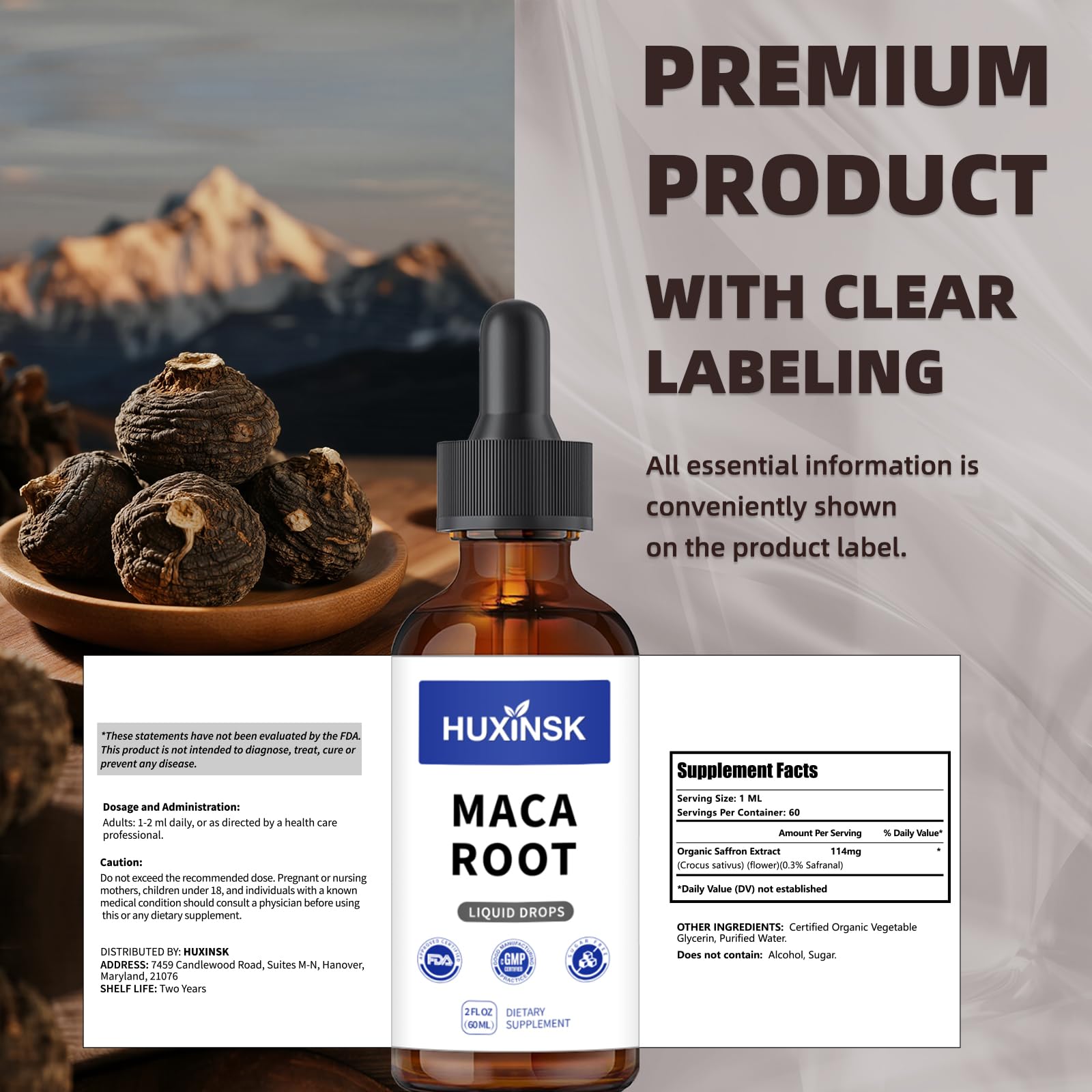 HUXINSK Maca Root Liquid Drops lifestyle scene with ingredients