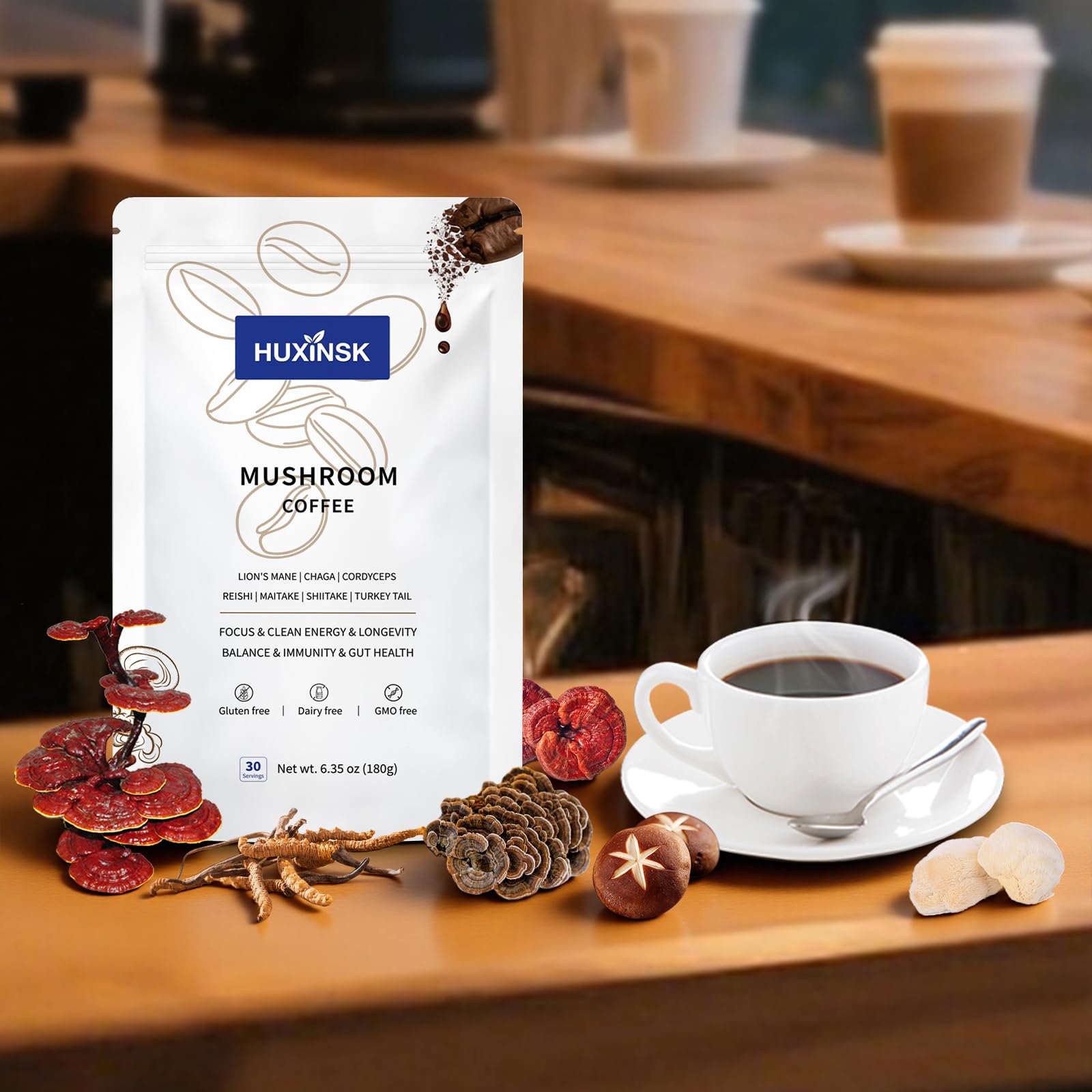 HUXINSK Mushroom Coffee 191g back view with nutritional info