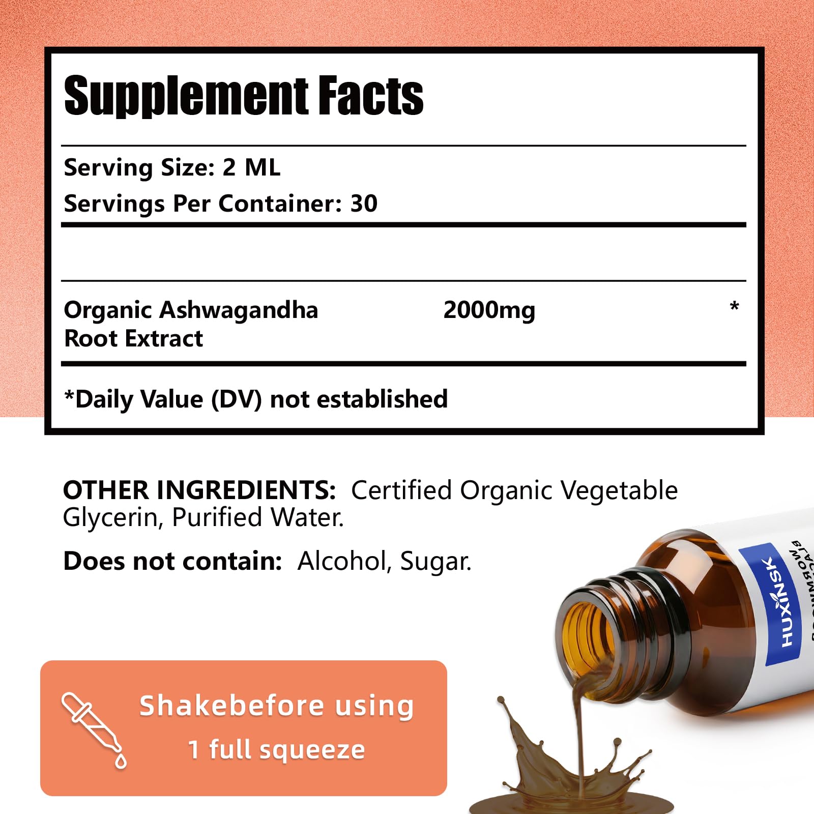 HUXINSK Organic Ashwagandha Liquid Drops 60ml bottle side view