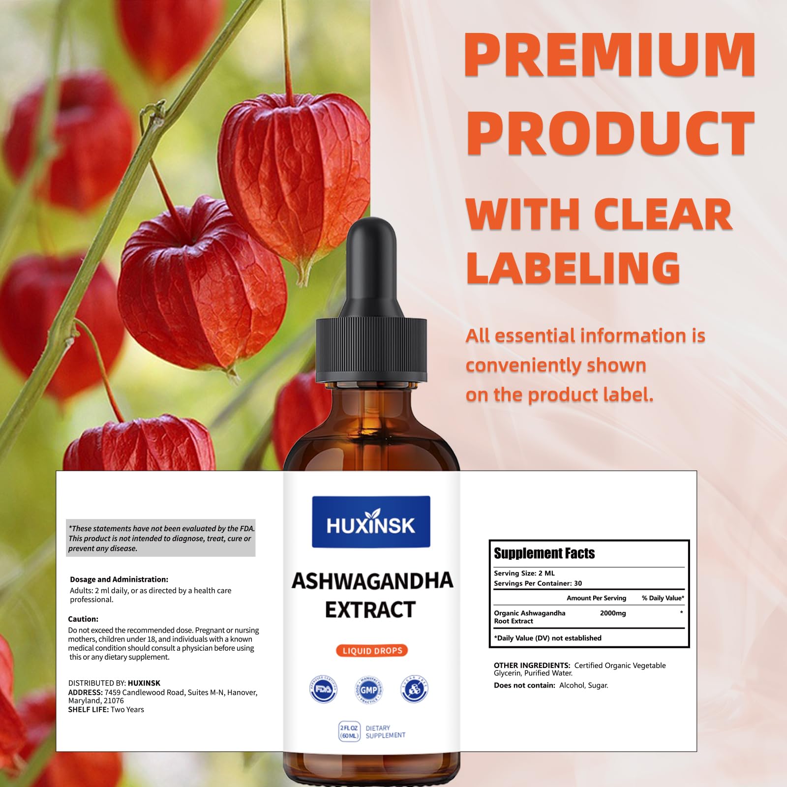 HUXINSK Organic Ashwagandha Liquid Drops 60ml ingredients list