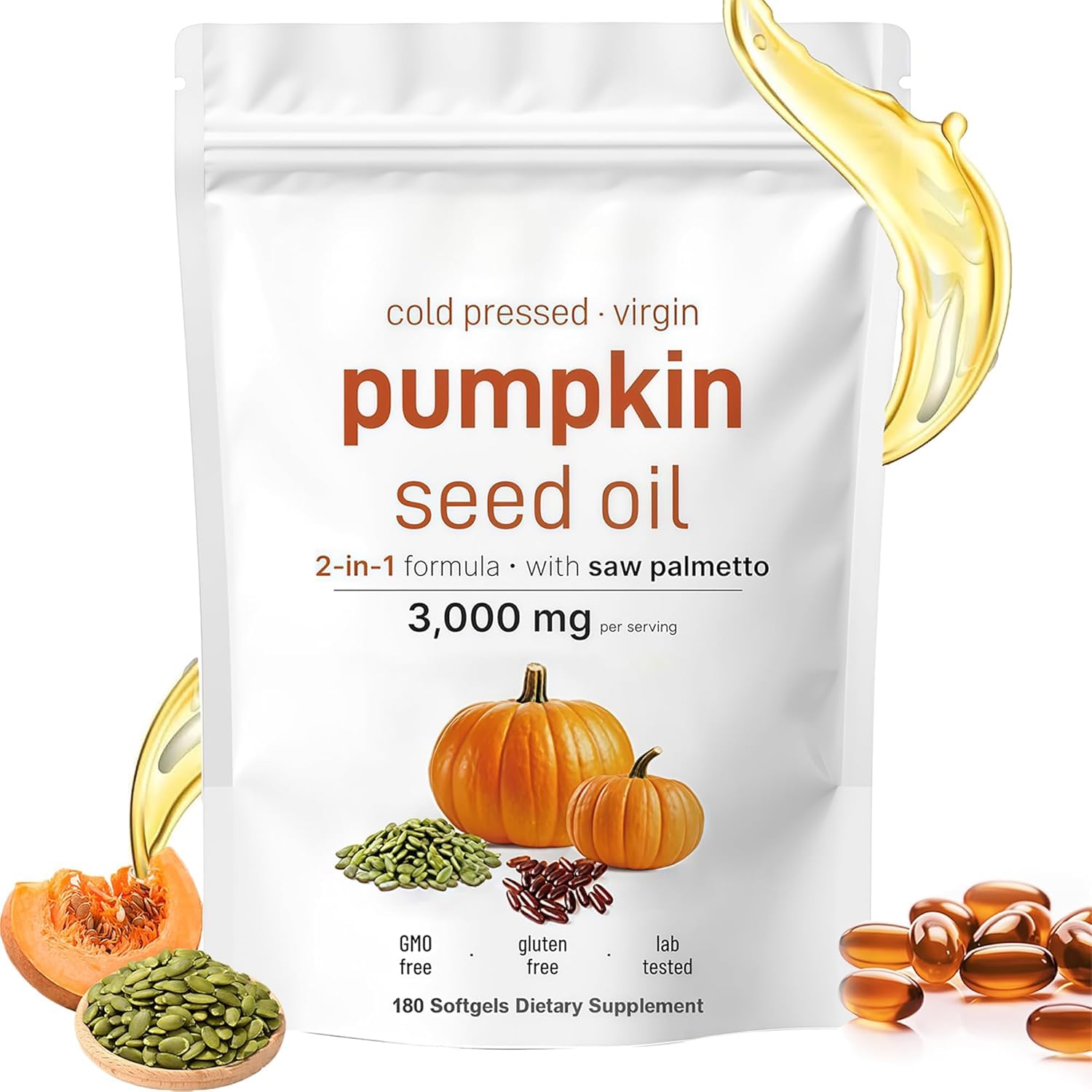 HWAXIGO Pumpkin Seed Oil with Saw Palmetto 180 Softgels front view