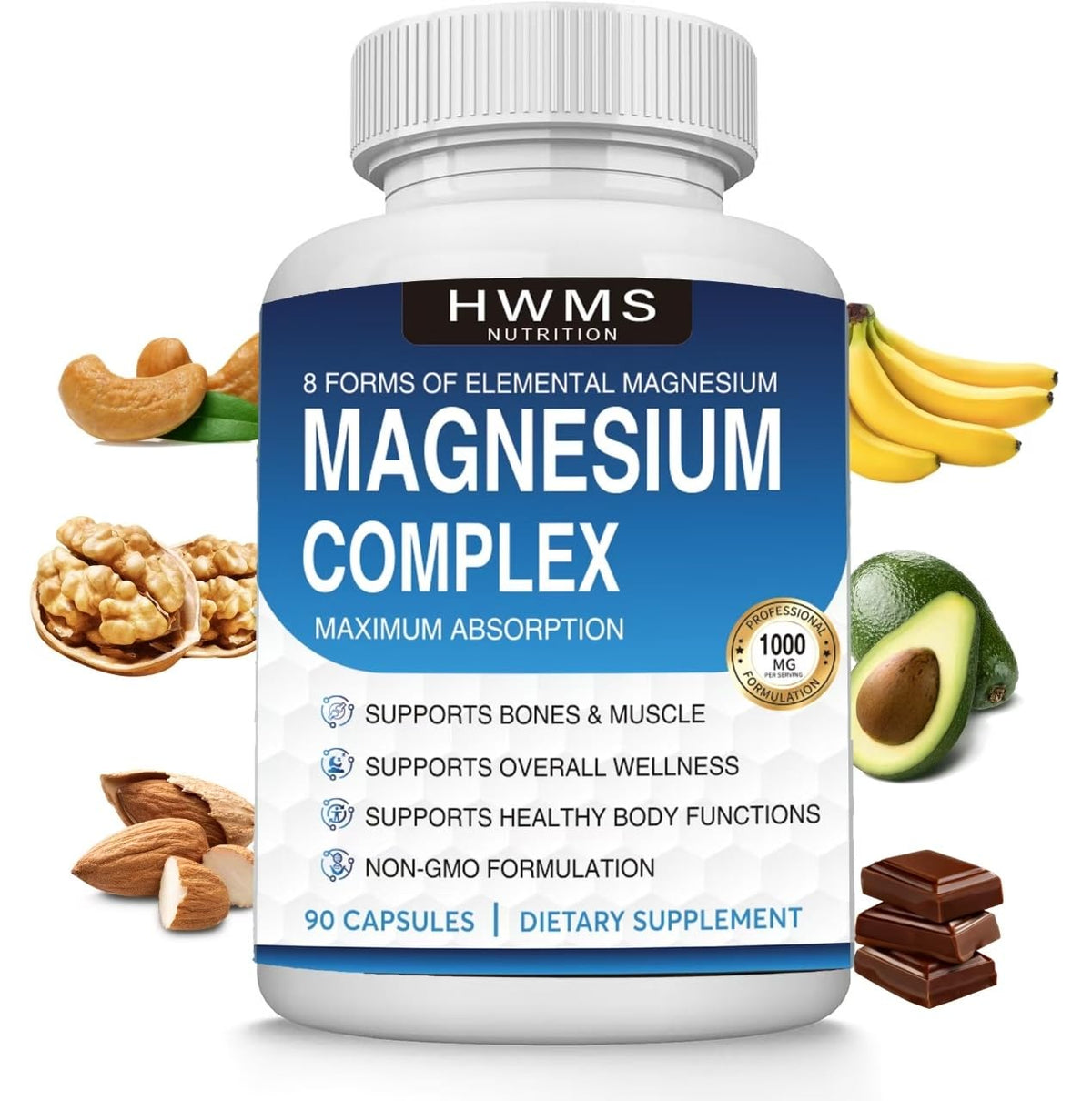 HWMS Magnesium Complex Capsules front view with packaging