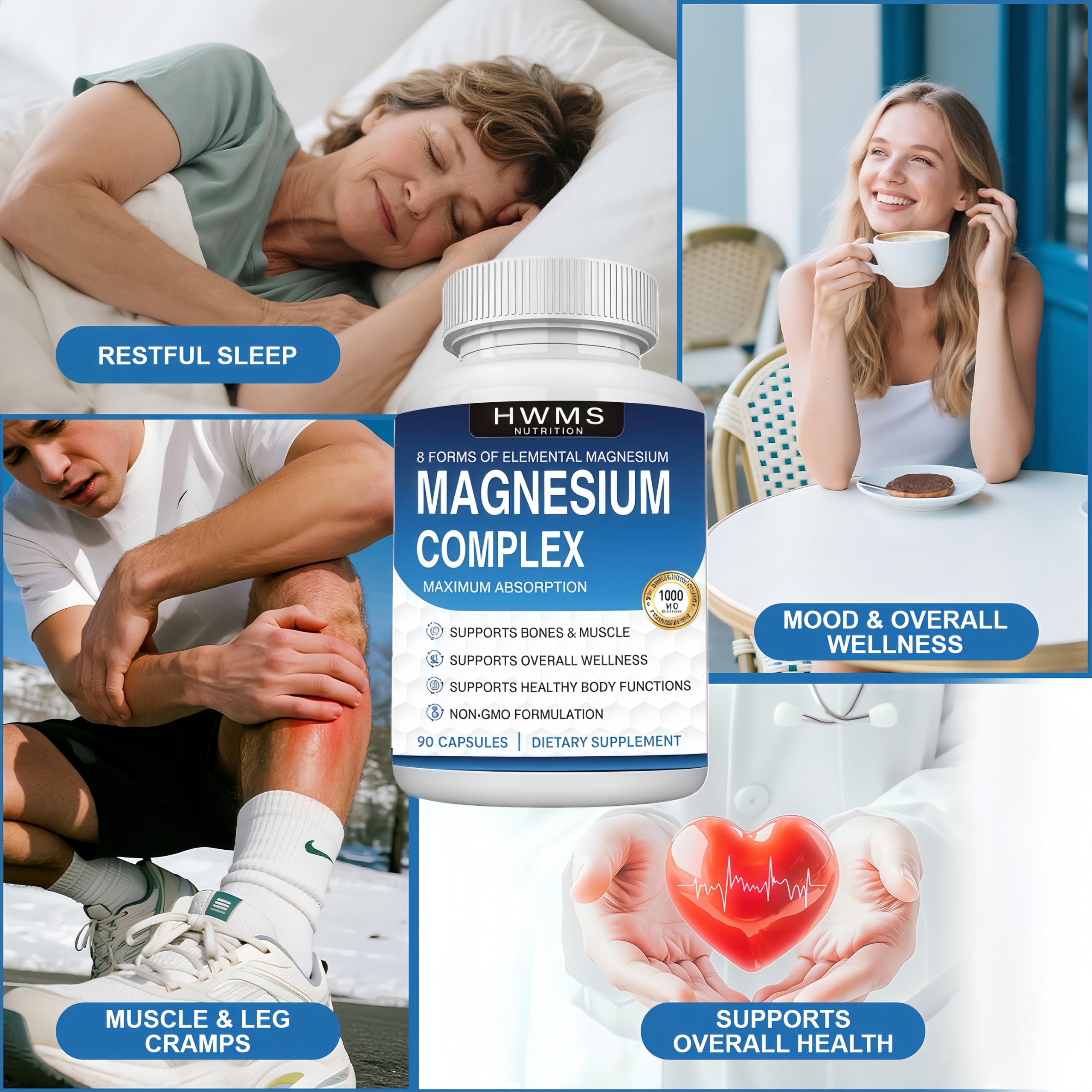 HWMS Magnesium Complex Capsules opened bottle with capsules