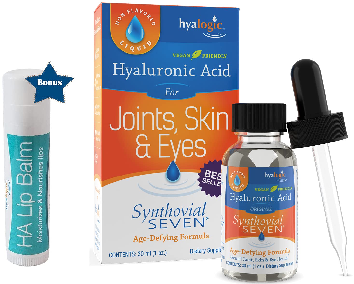 Hyalogic Liquid Synthovial 7 1oz bottle and lip balm tube front view