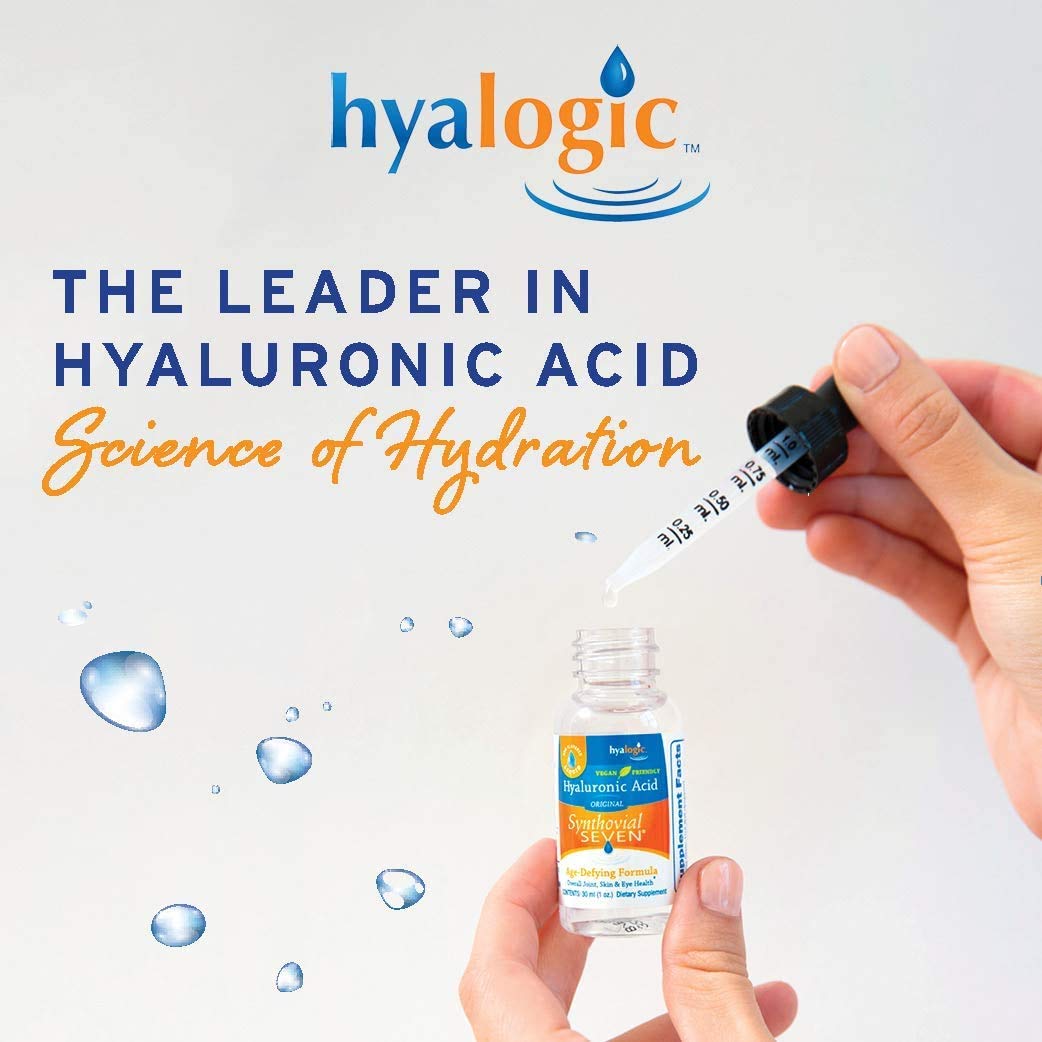 Hyalogic Liquid Synthovial 7 1oz bottle with lip balm on a wooden surface