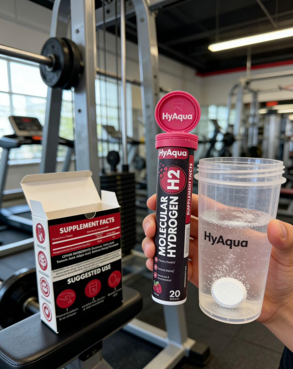 HyAqua Molecular Hydrogen Water Tablets on a wooden table