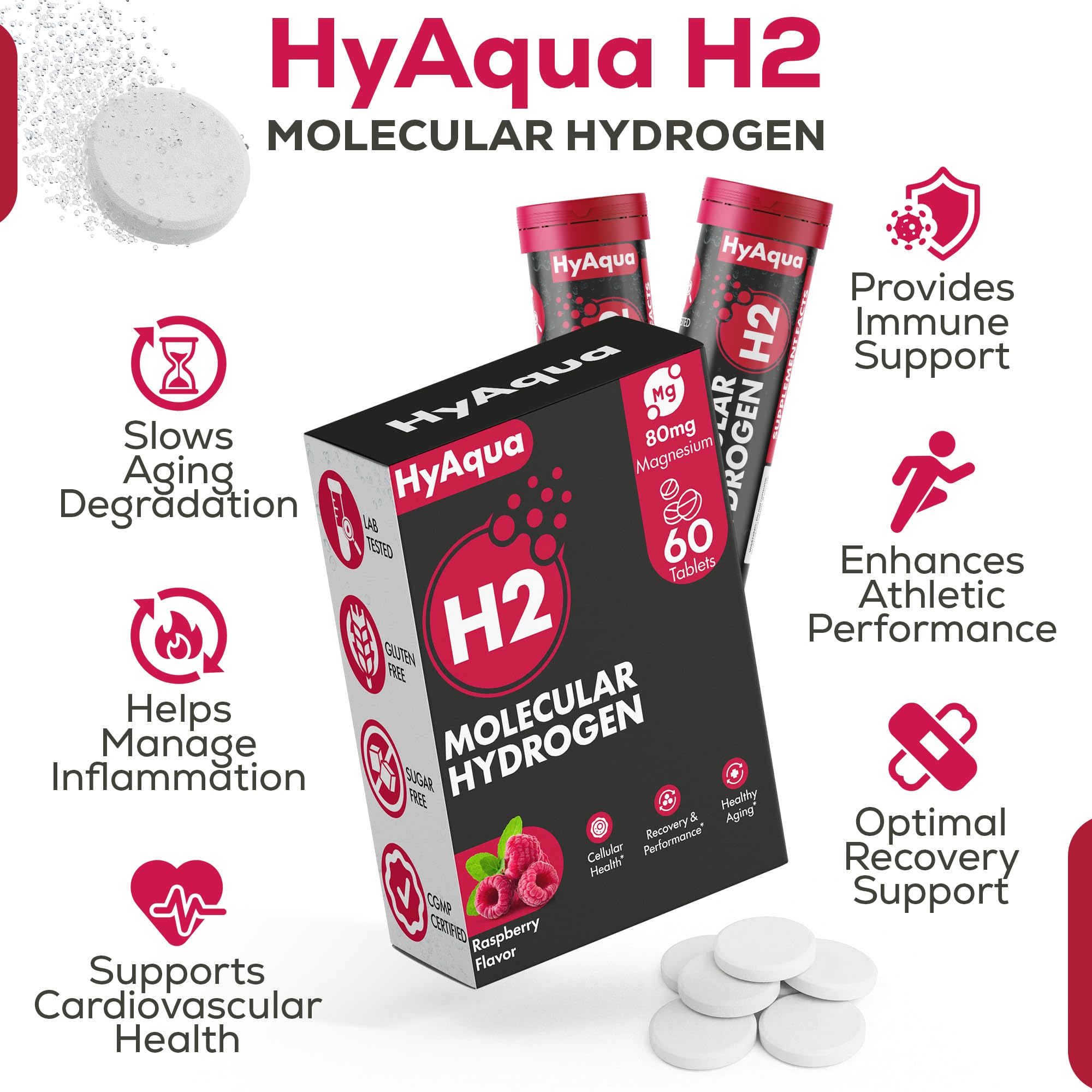 HyAqua Molecular Hydrogen Water Tablets with fresh fruits background