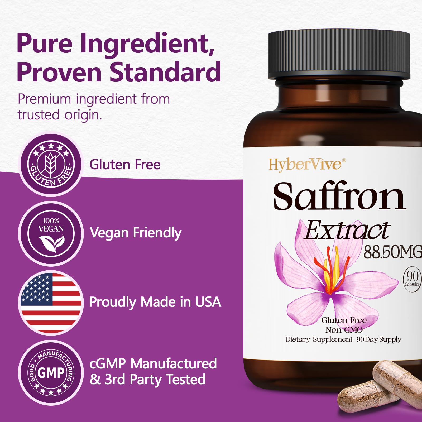 HyberVive Happy Saffron Supplement 88.5mg bottle with lifestyle background