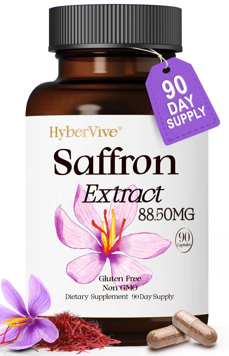 HyberVive Happy Saffron Supplement 88.5mg capsule bottle front view