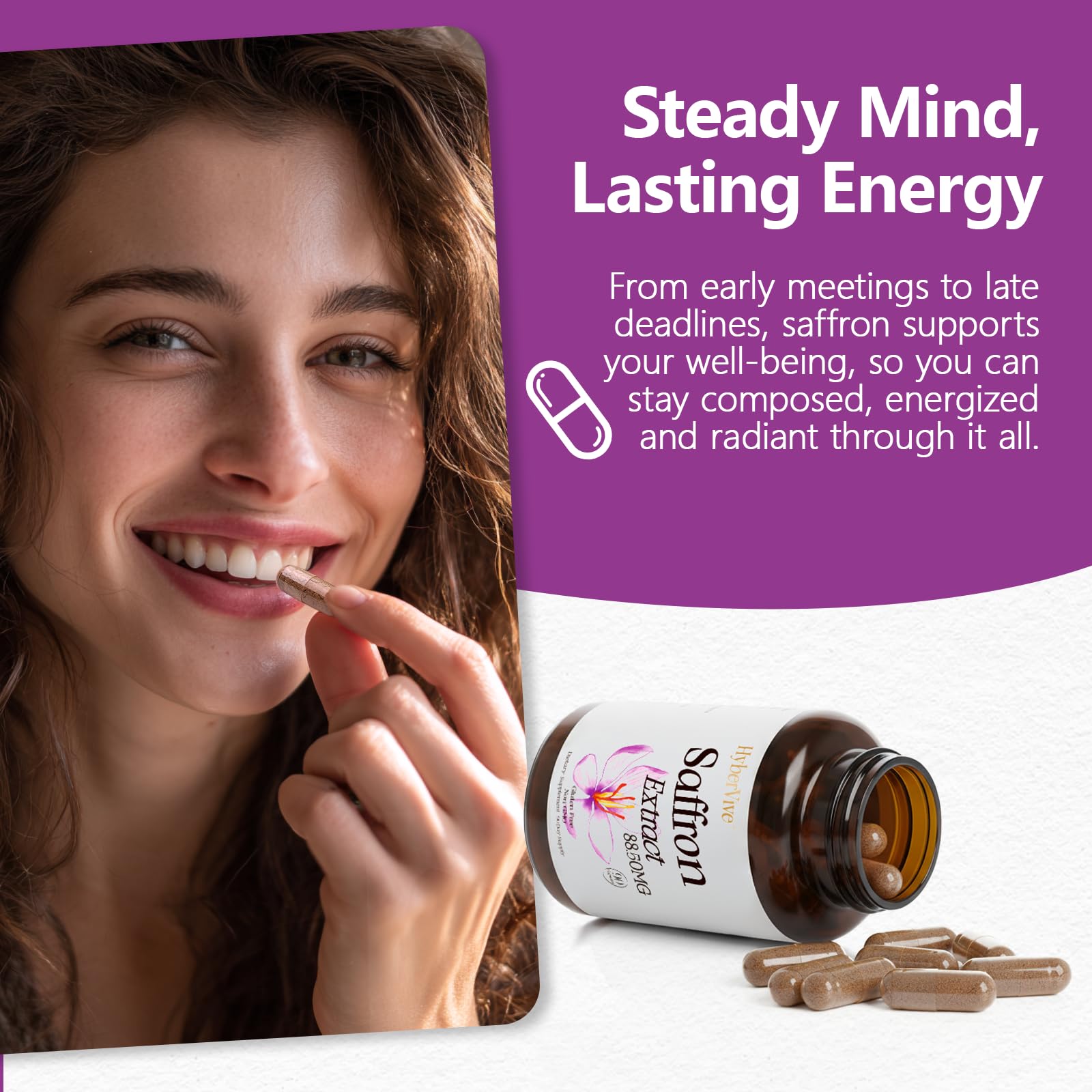 HyberVive Happy Saffron Supplement 88.5mg capsule side view
