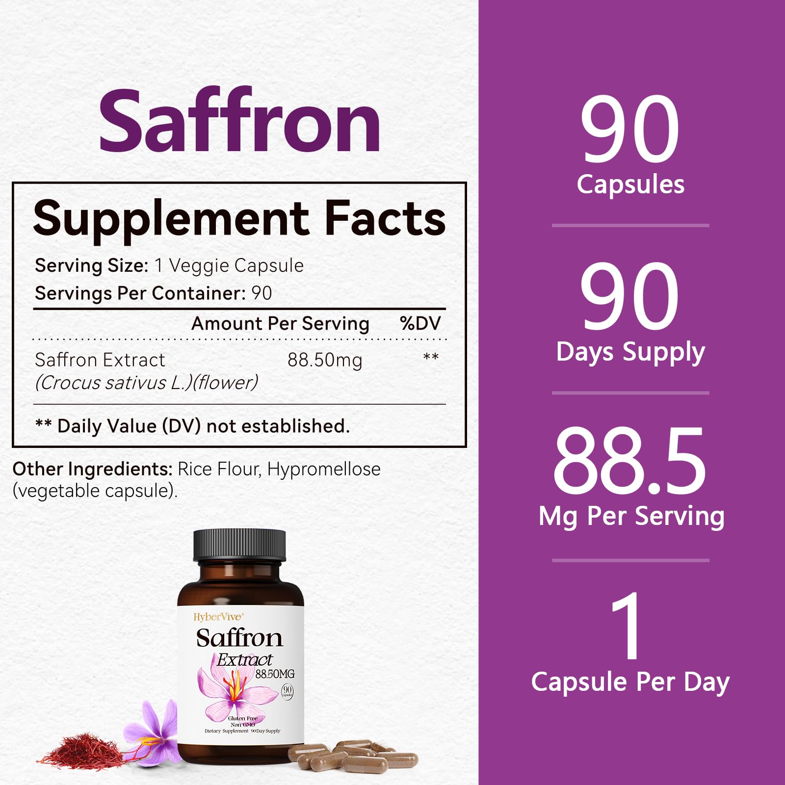 HyberVive Happy Saffron Supplement 88.5mg capsules with measuring spoon