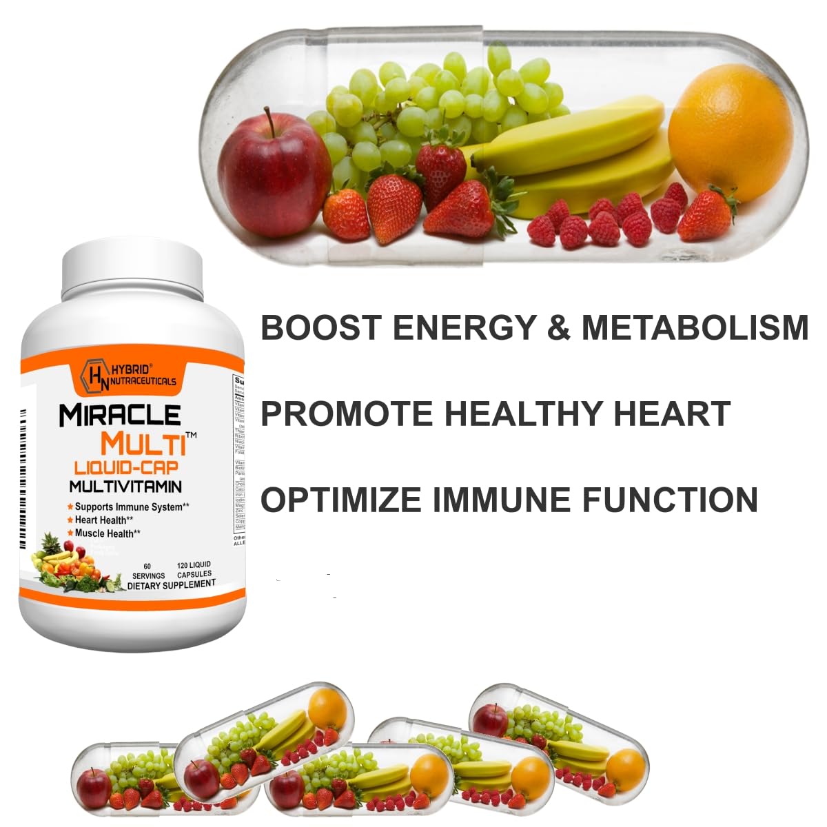 Hybrid Nutraceuticals Miracle Multi Liquid Cap Multivitamin 120 Softgels side view