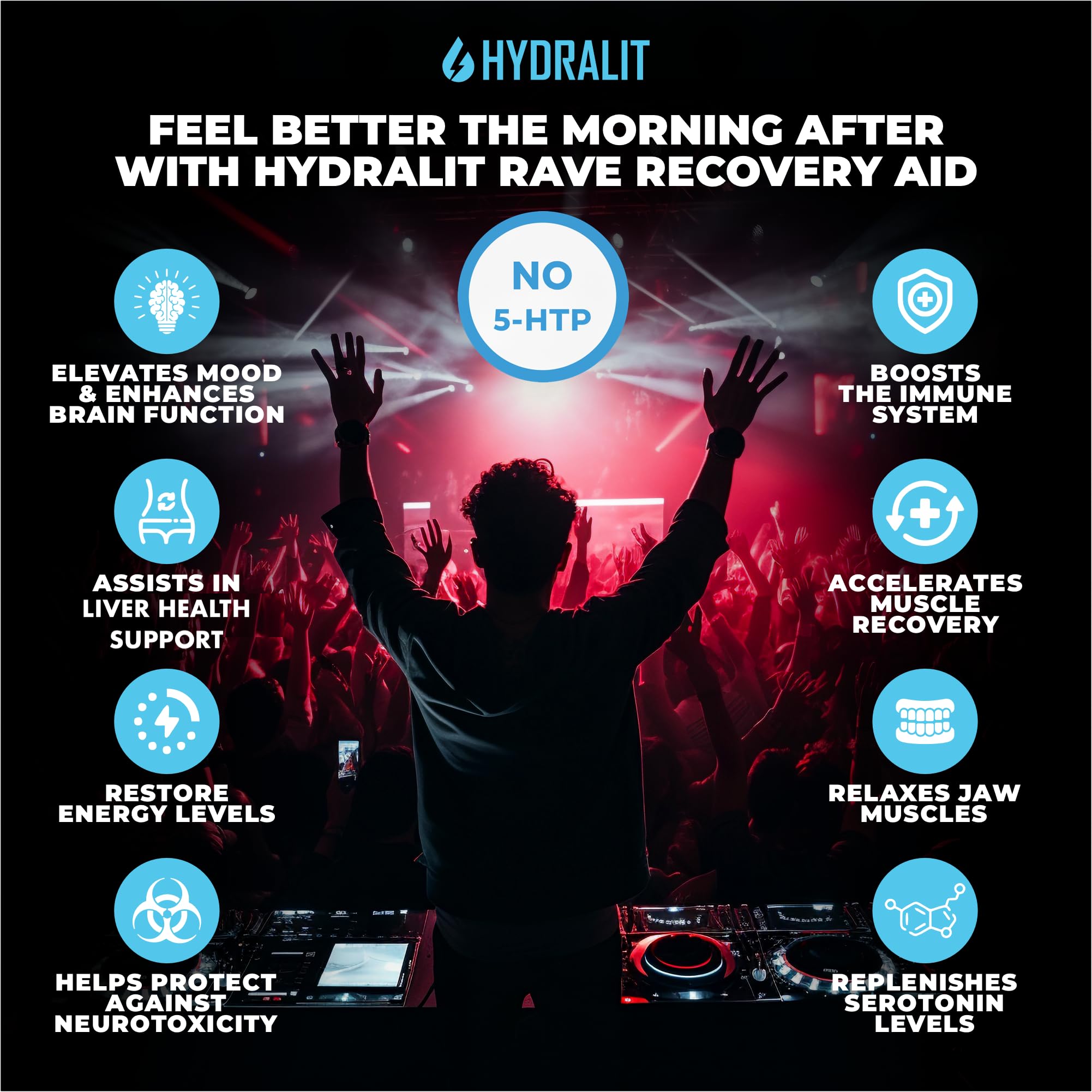 Hydralit 5-HTP Rave use Aid Pills on a wooden table