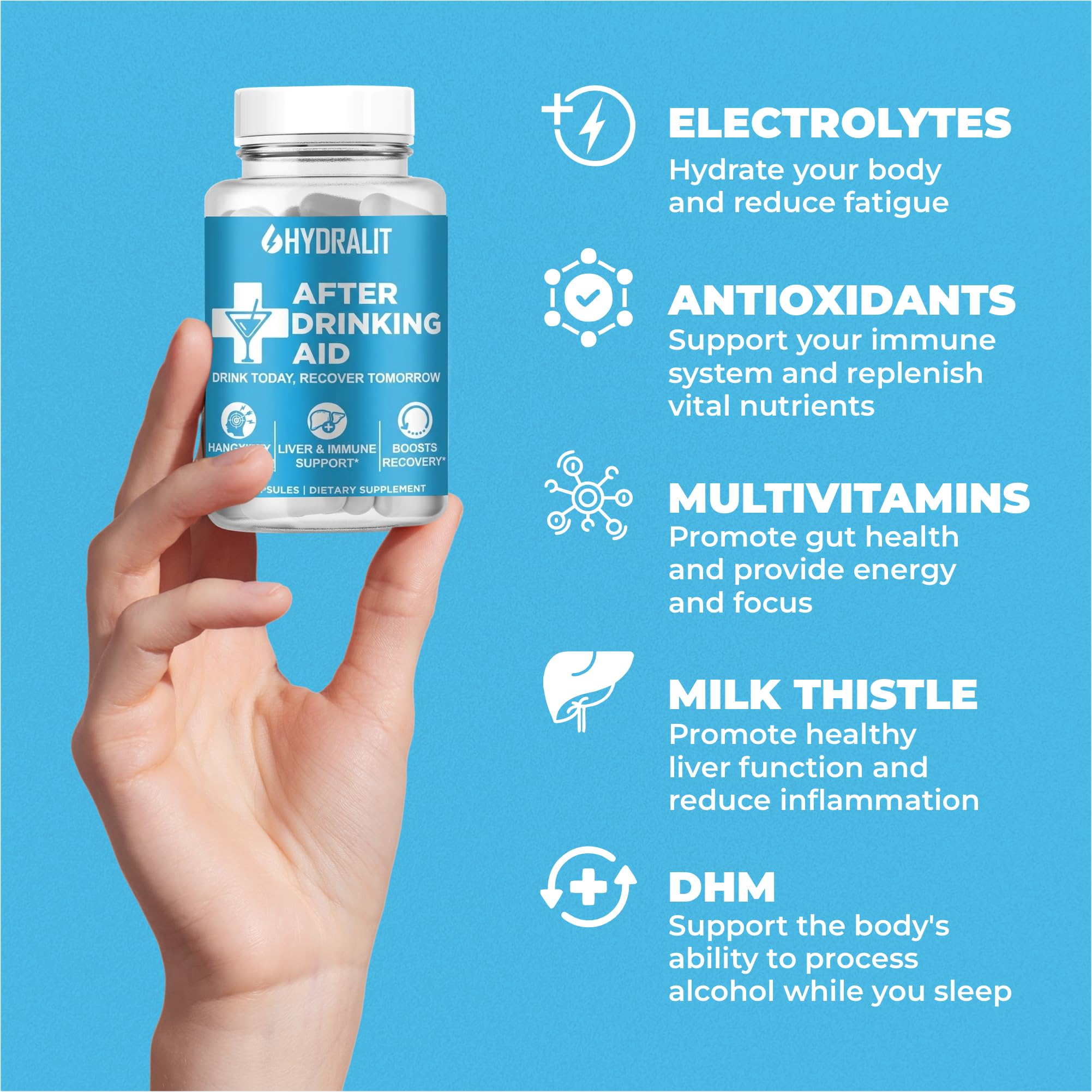 Hydralit After Drinking Aid Capsules bottle with dimensions