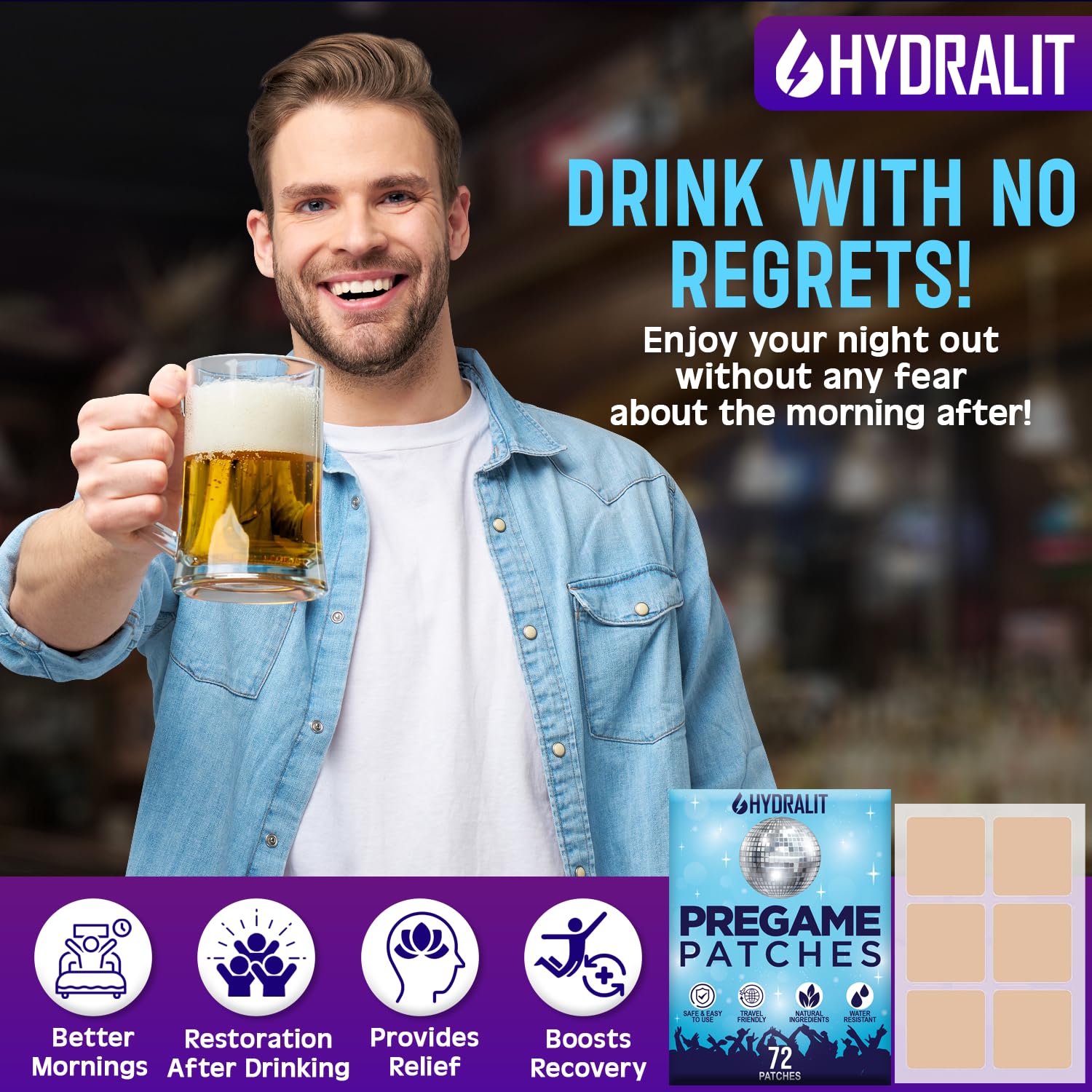Hydralit Happy Hour Patches lifestyle scene in travel bag