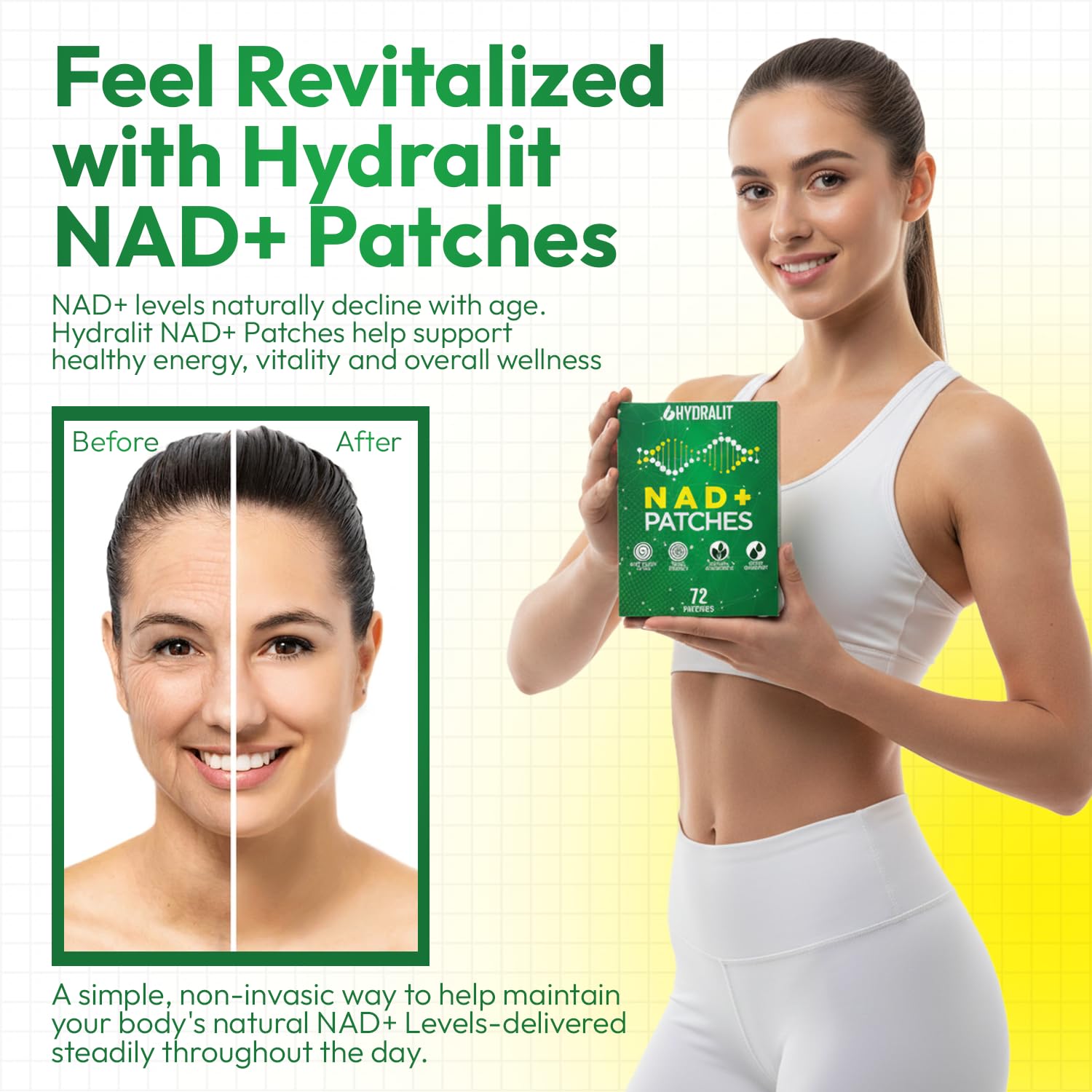 Hydralit NAD+ Patches back view with usage instructions