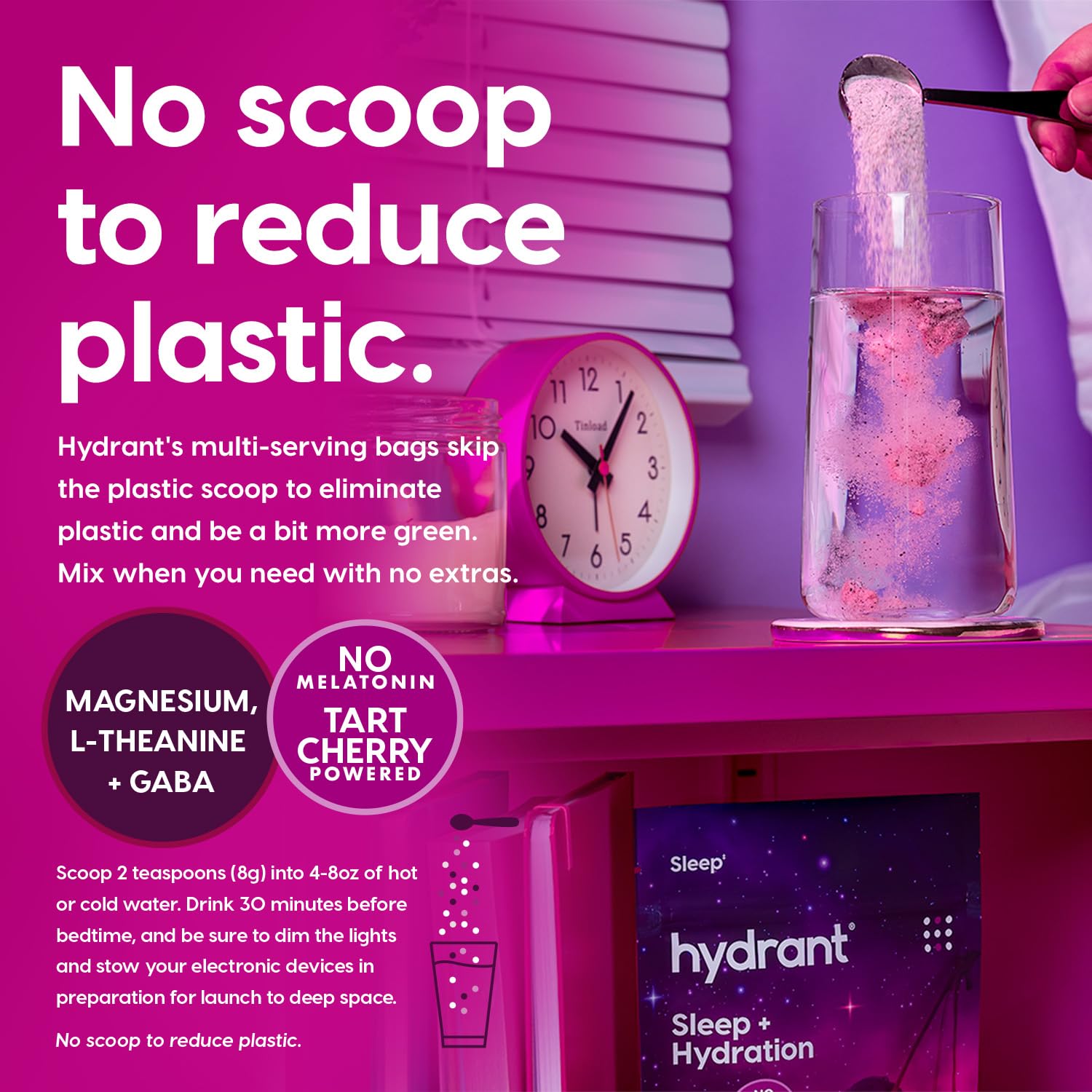 HYDRANT Sleep Aid Powder scooped into a glass of water