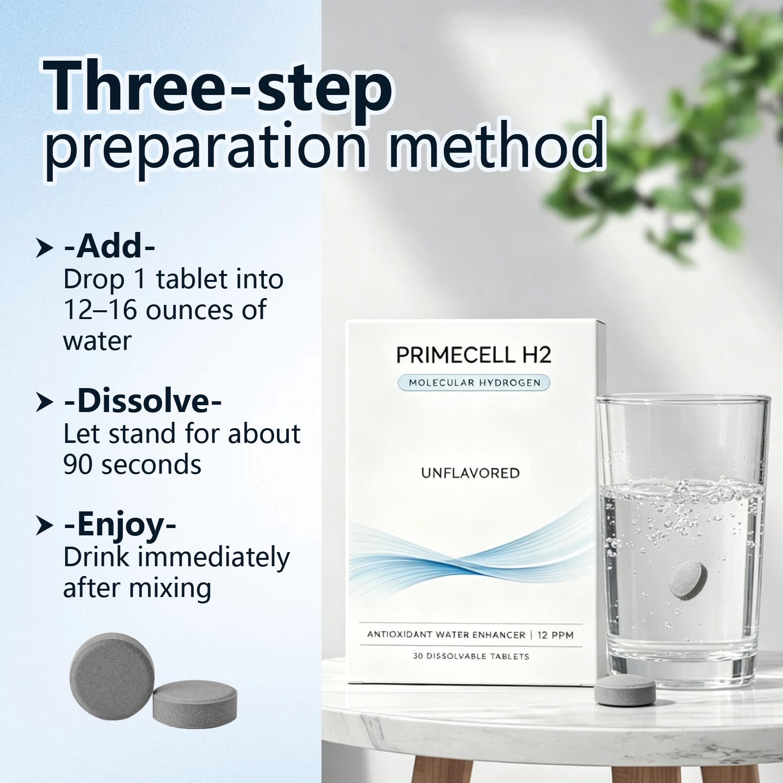 Hydroliv PrimeCell H2 effervescent magnesium tablet close-up