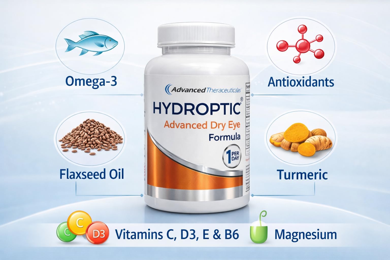 Hydroptic Advanced Dry Eye Formula bottle with a measuring cup