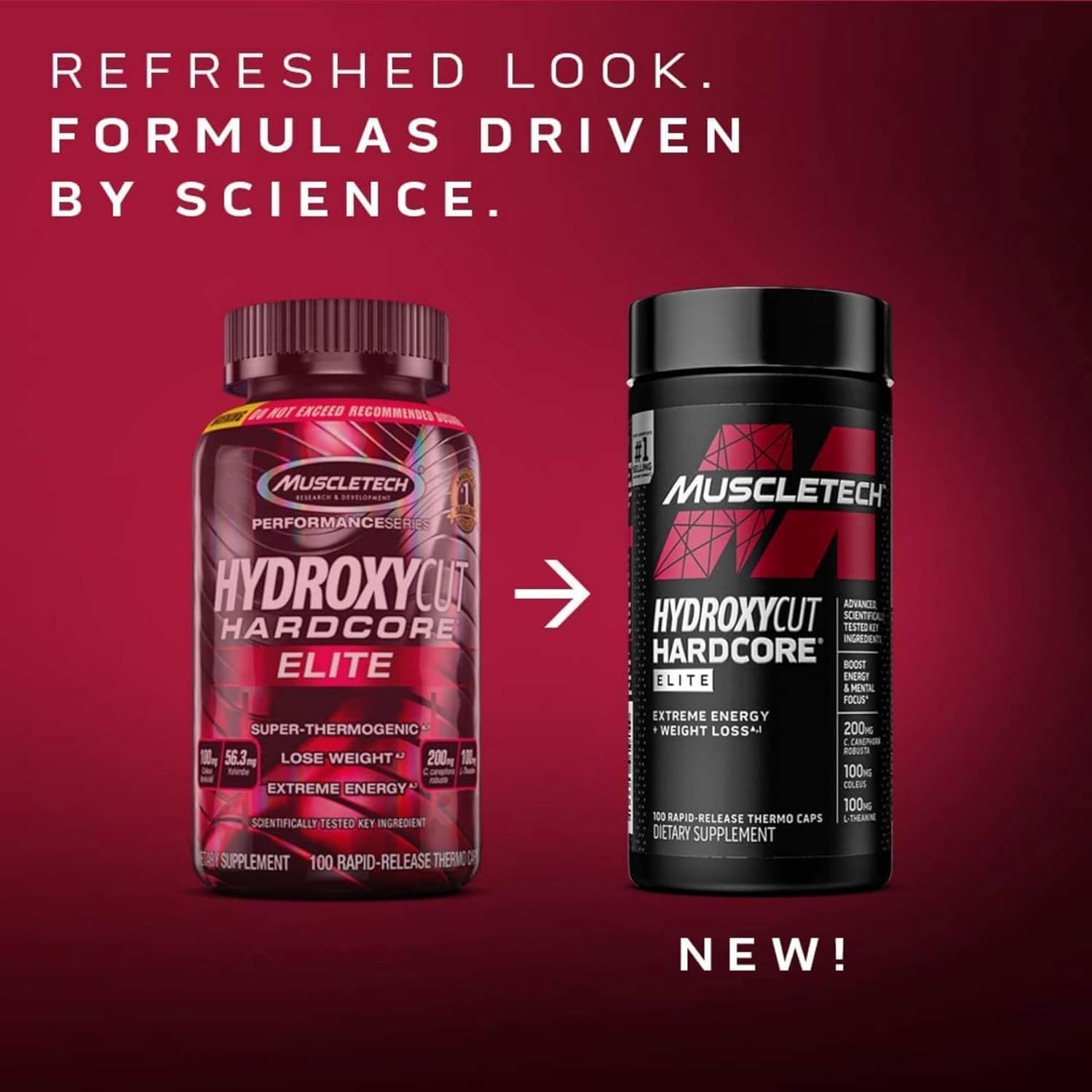 Hydroxycut Hardcore Elite Fat Burner open bottle showing capsules