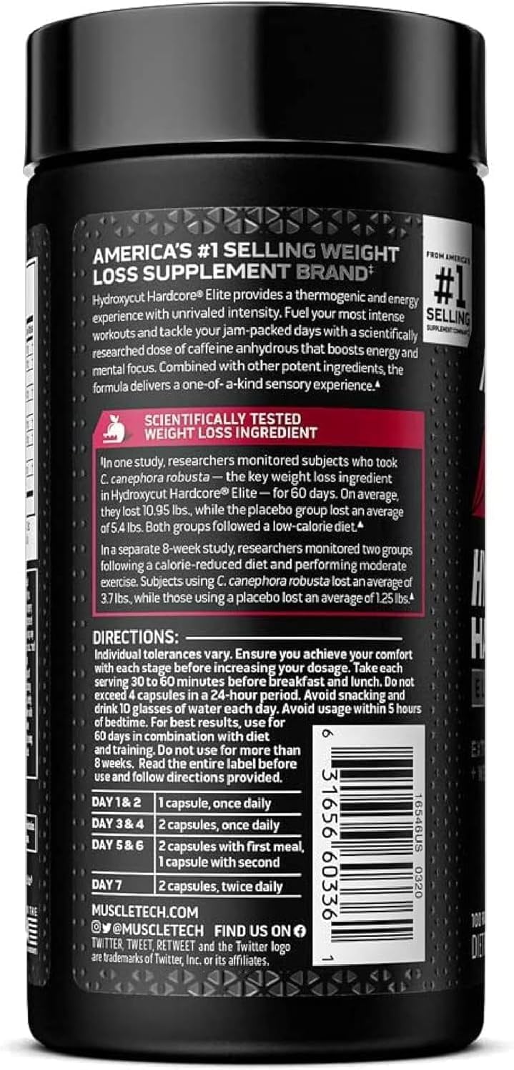 Hydroxycut Hardcore Elite Fat Burner side view with dosage information