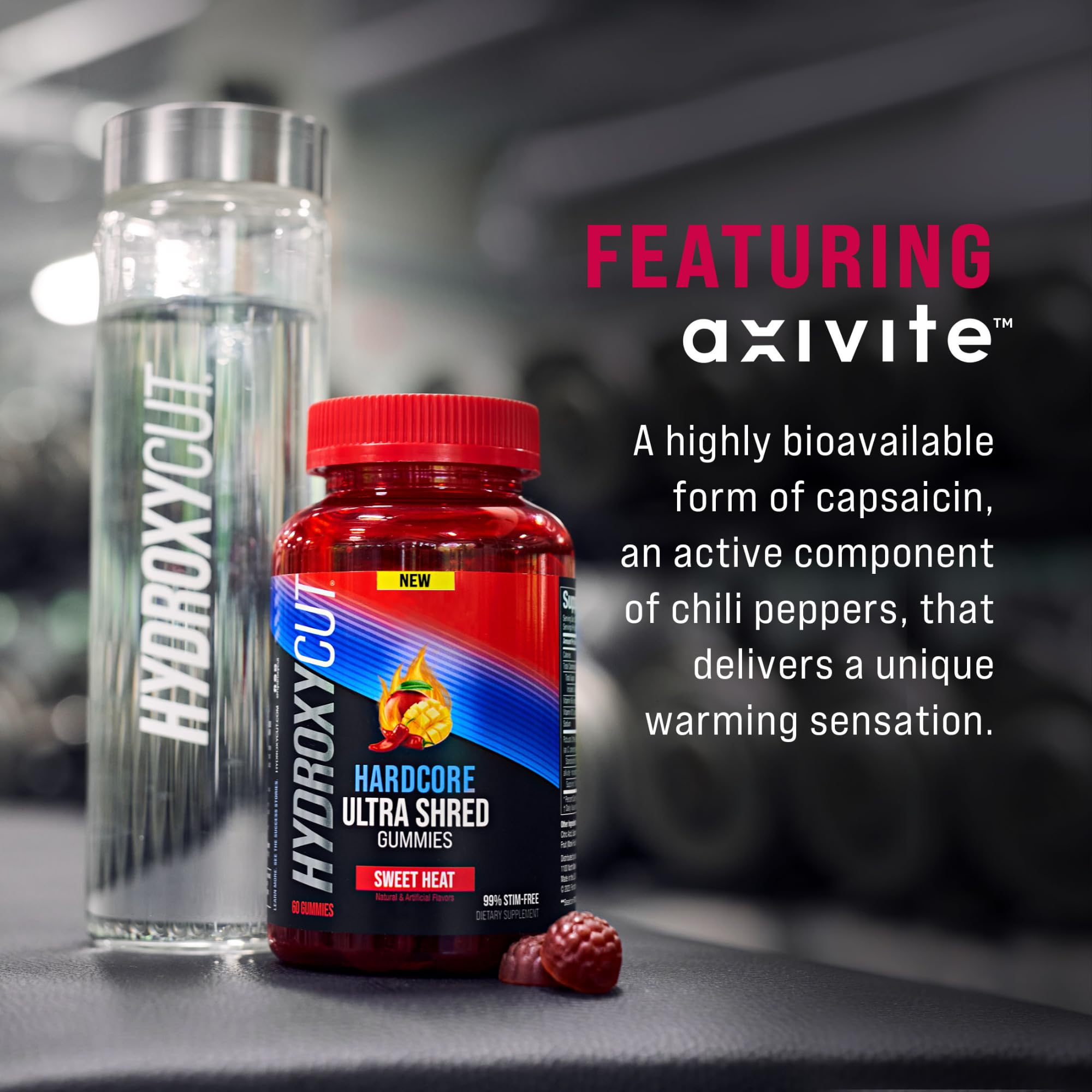 Hydroxycut Hardcore Ultra Shred Gummies on a table with fruit