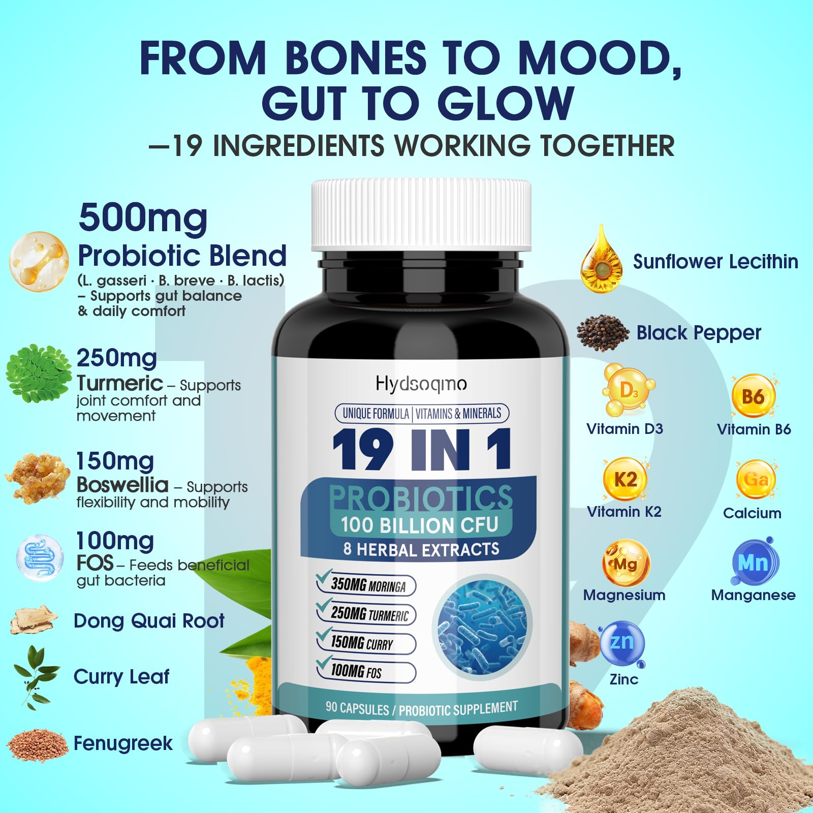 Hydsoqmo Moringa Probiotic Supplement lifestyle scene with healthy foods