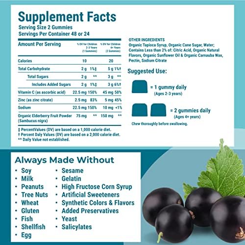 Hyland's Kids Organic Elderberry Plus Gummies back view with ingredients