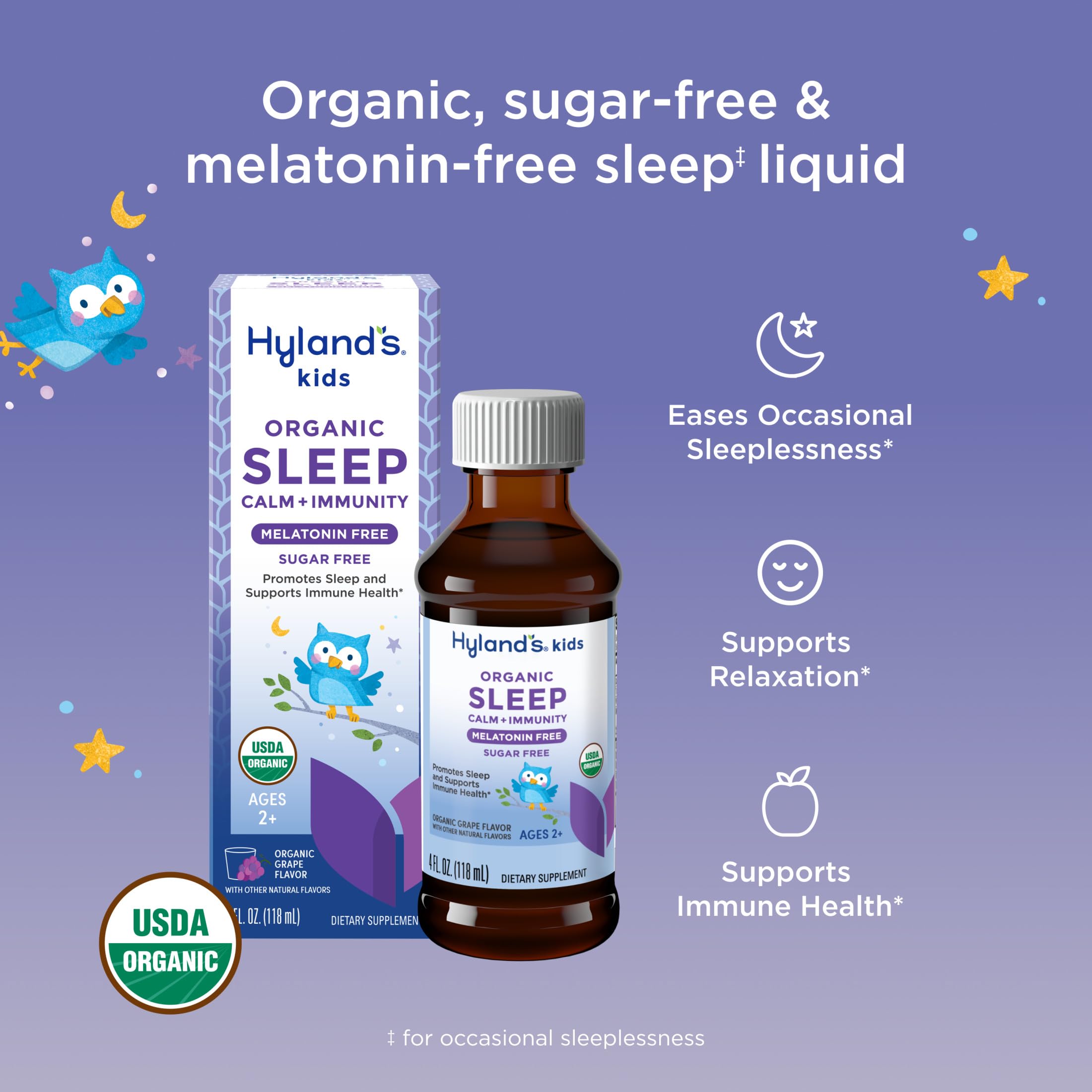 Hyland's Kids Organic Sleep Liquid 4oz back view with ingredients
