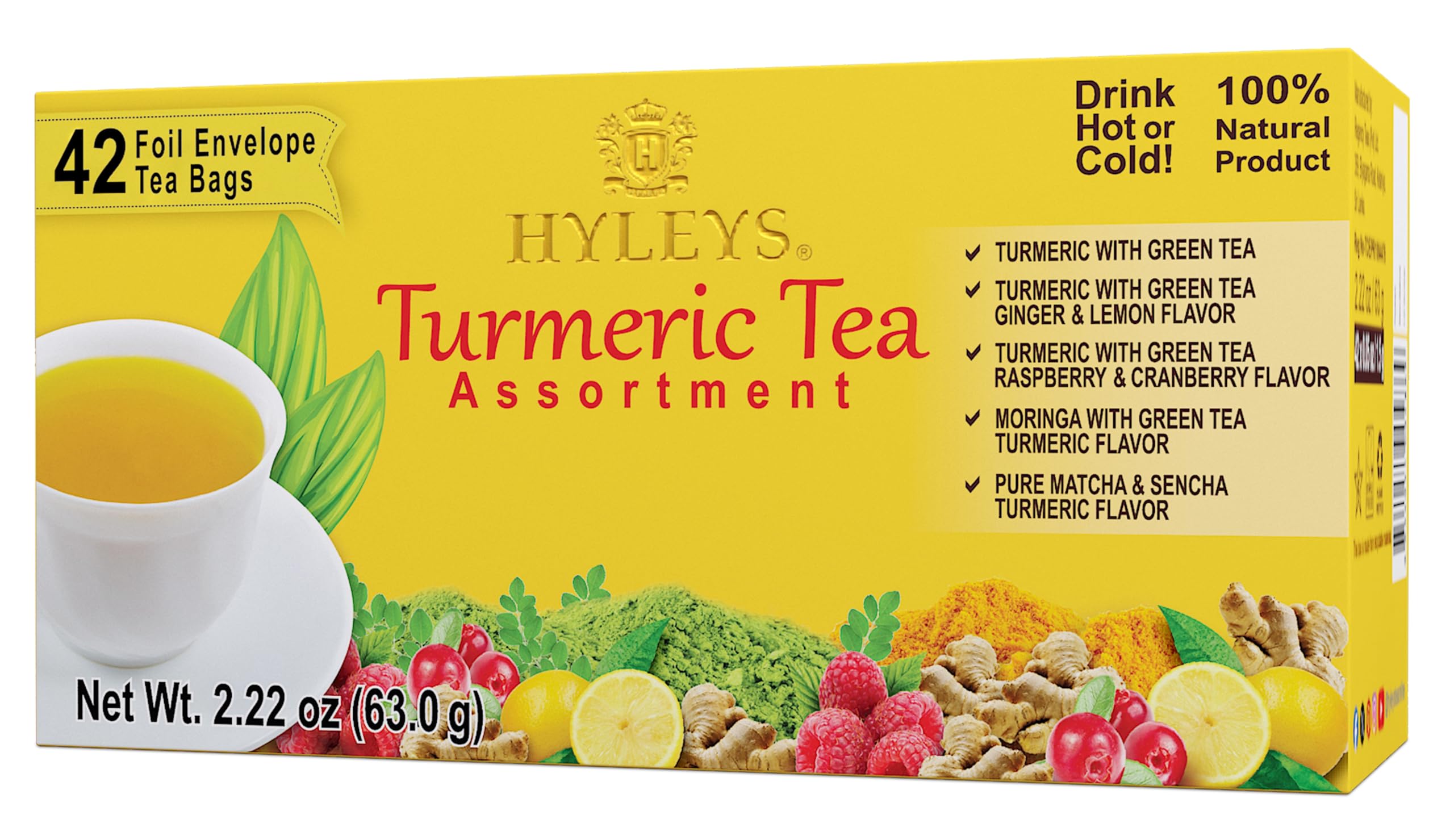 HYLEYS Turmeric Green Tea Blend box front view with 42 tea bags