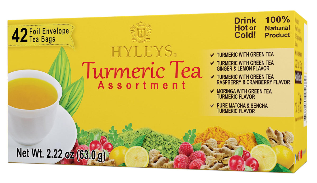 HYLEYS Turmeric Green Tea Blend box front view with 42 tea bags