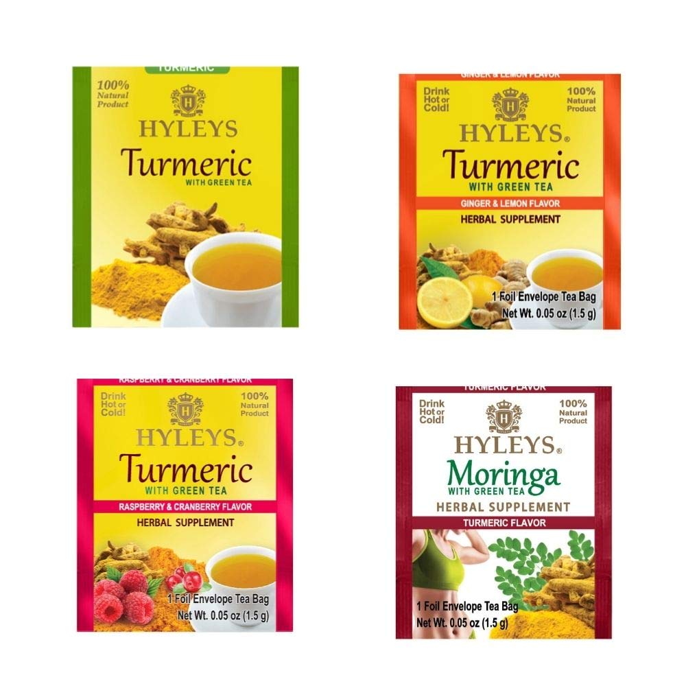 HYLEYS Turmeric Green Tea Blend brewed tea in a cup