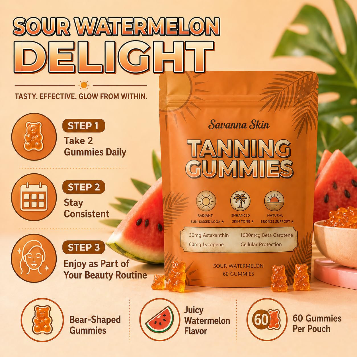 Hyuikiu Savanna Skin Tanning Gummies back view with ingredient list