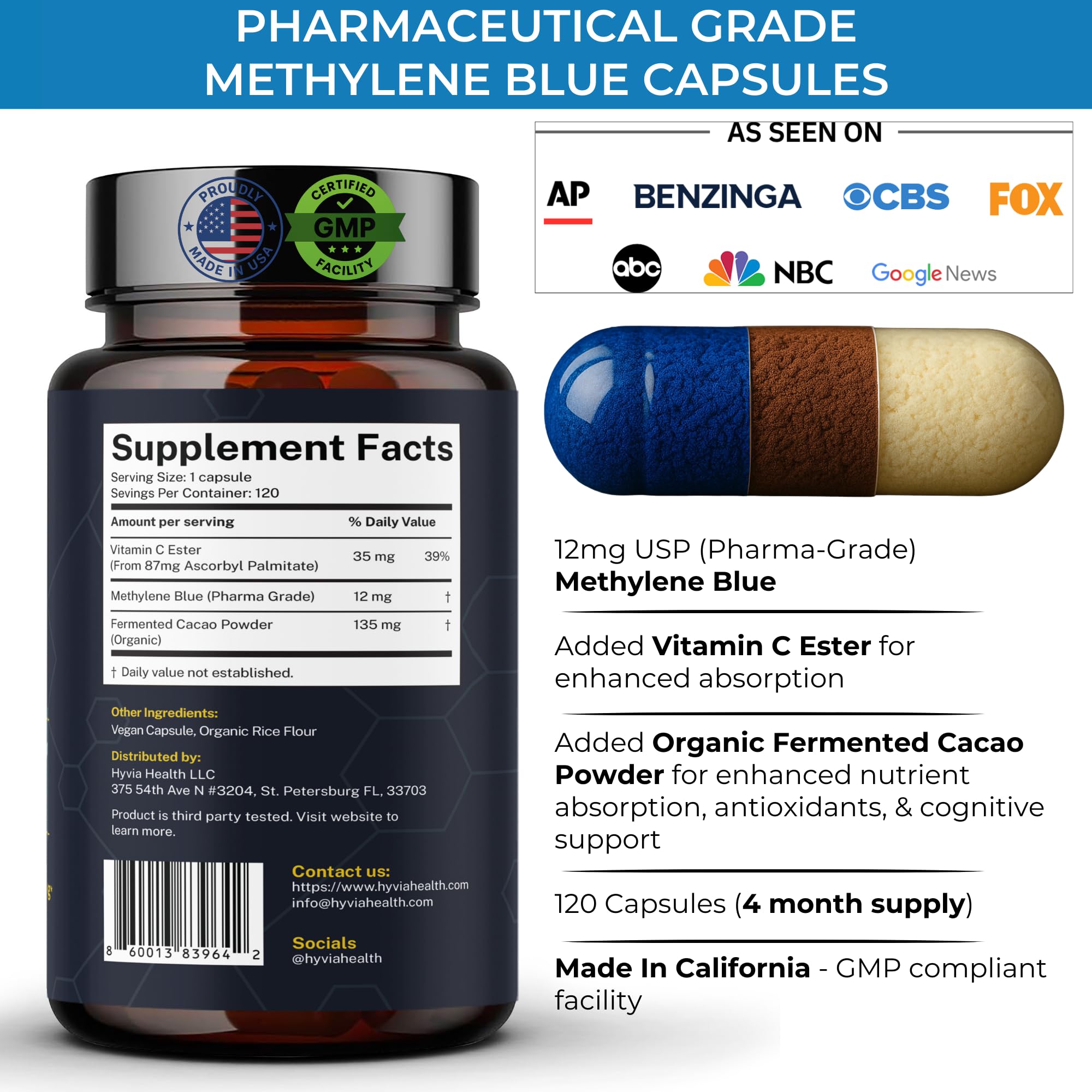 Hyvia Health Blue Fuel Methylene Blue Capsules bottle side view