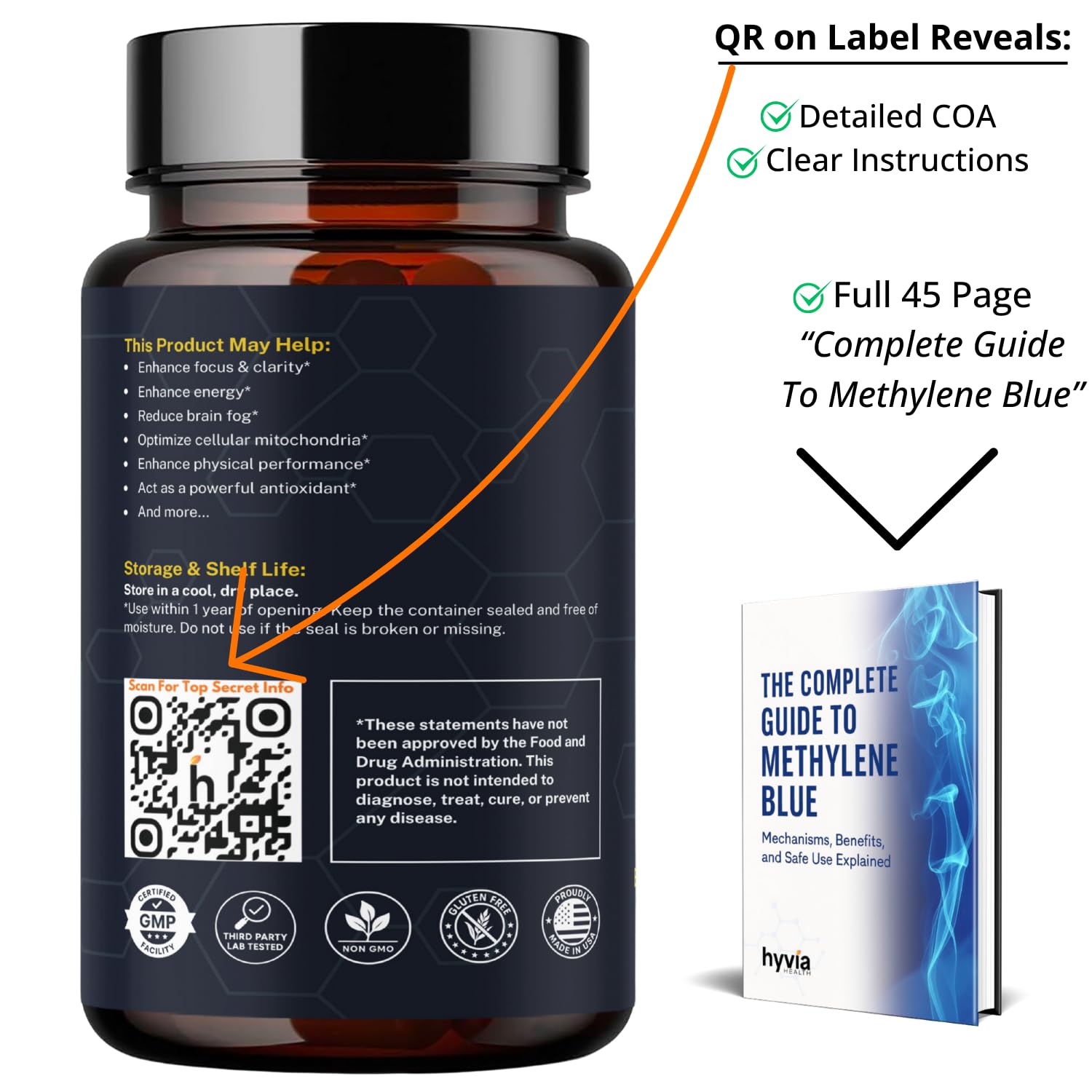 Hyvia Health Blue Fuel Methylene Blue Capsules on a wooden table
