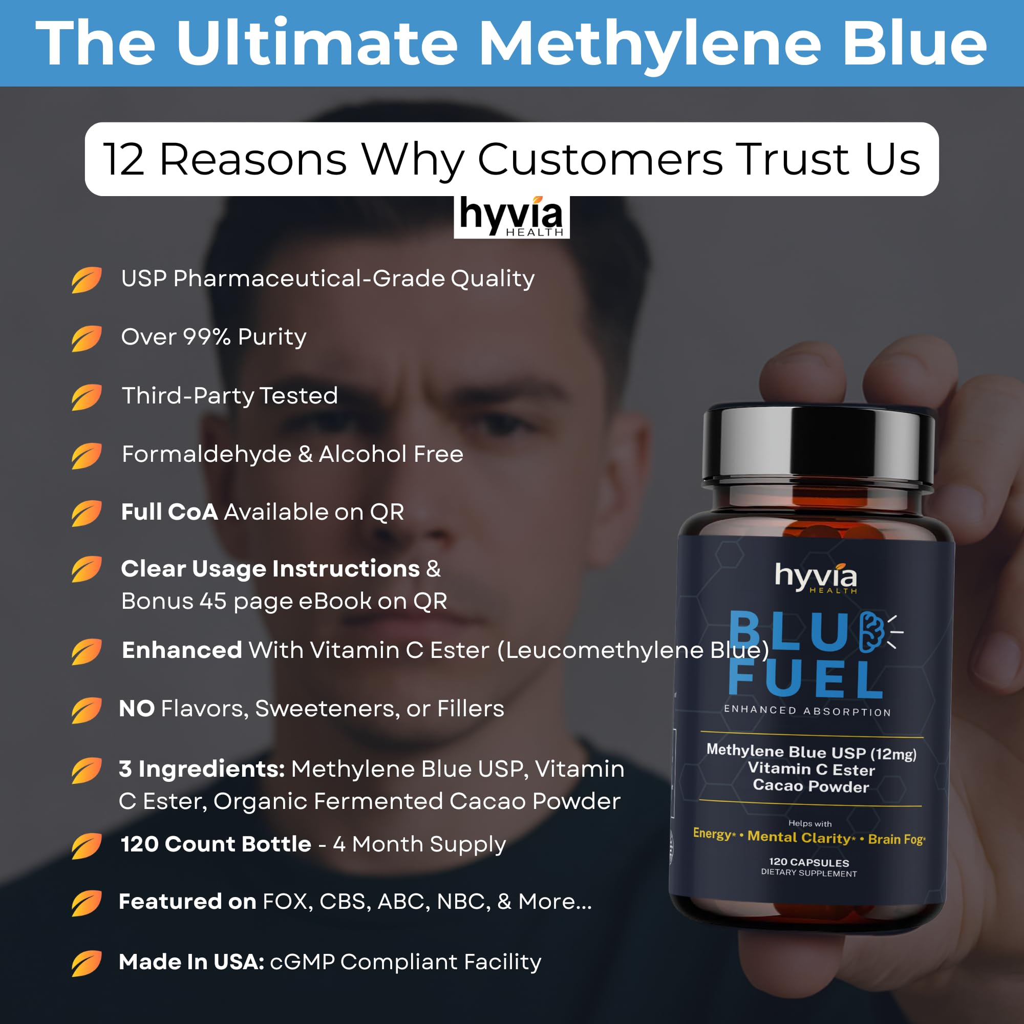 Hyvia Health Blue Fuel Methylene Blue Capsules with organic cacao powder