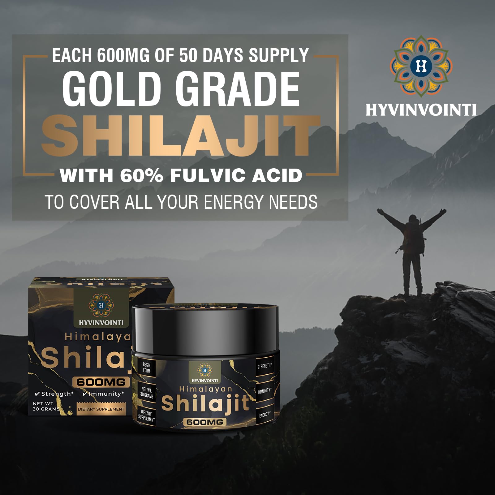 HYVINVOINTI Himalayan Shilajit Resin 600mg with dosage instructions
