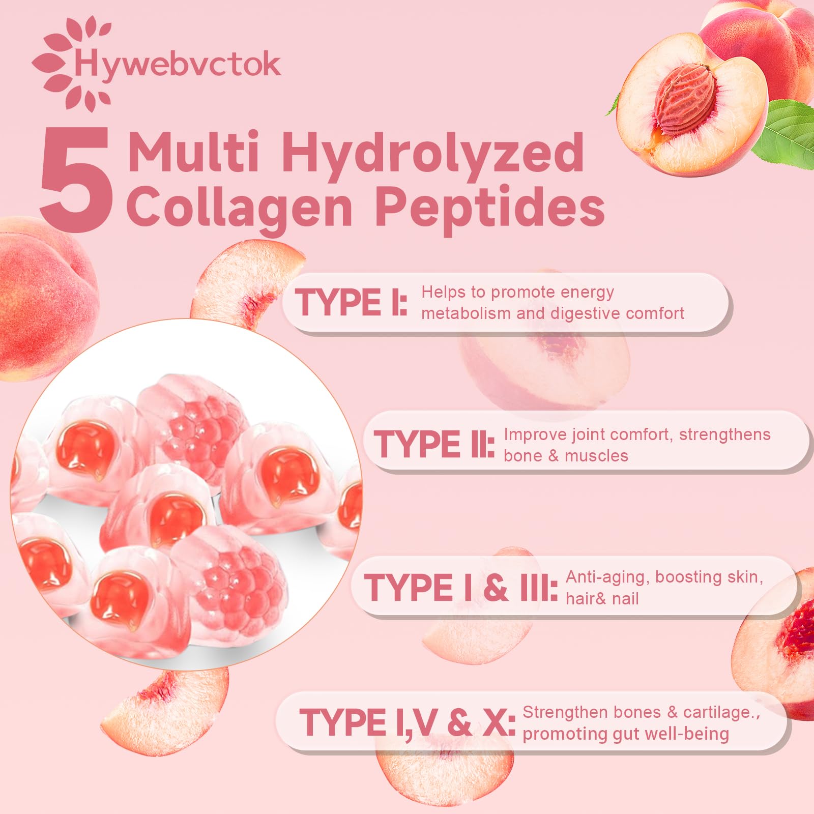 Hywebvctok Collagen Gummies displayed with fresh peaches