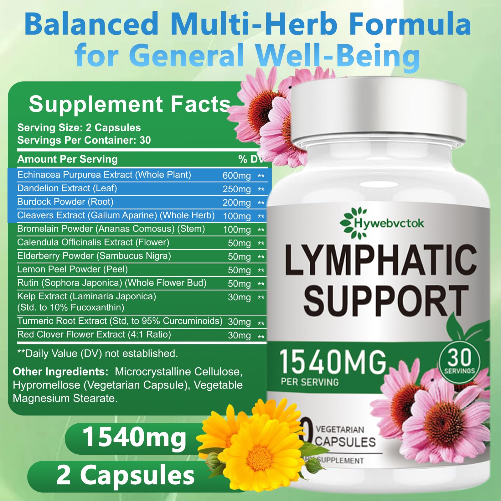 Hywebvctok Lymphatic Drainage Supplements 1540mg bottle side view